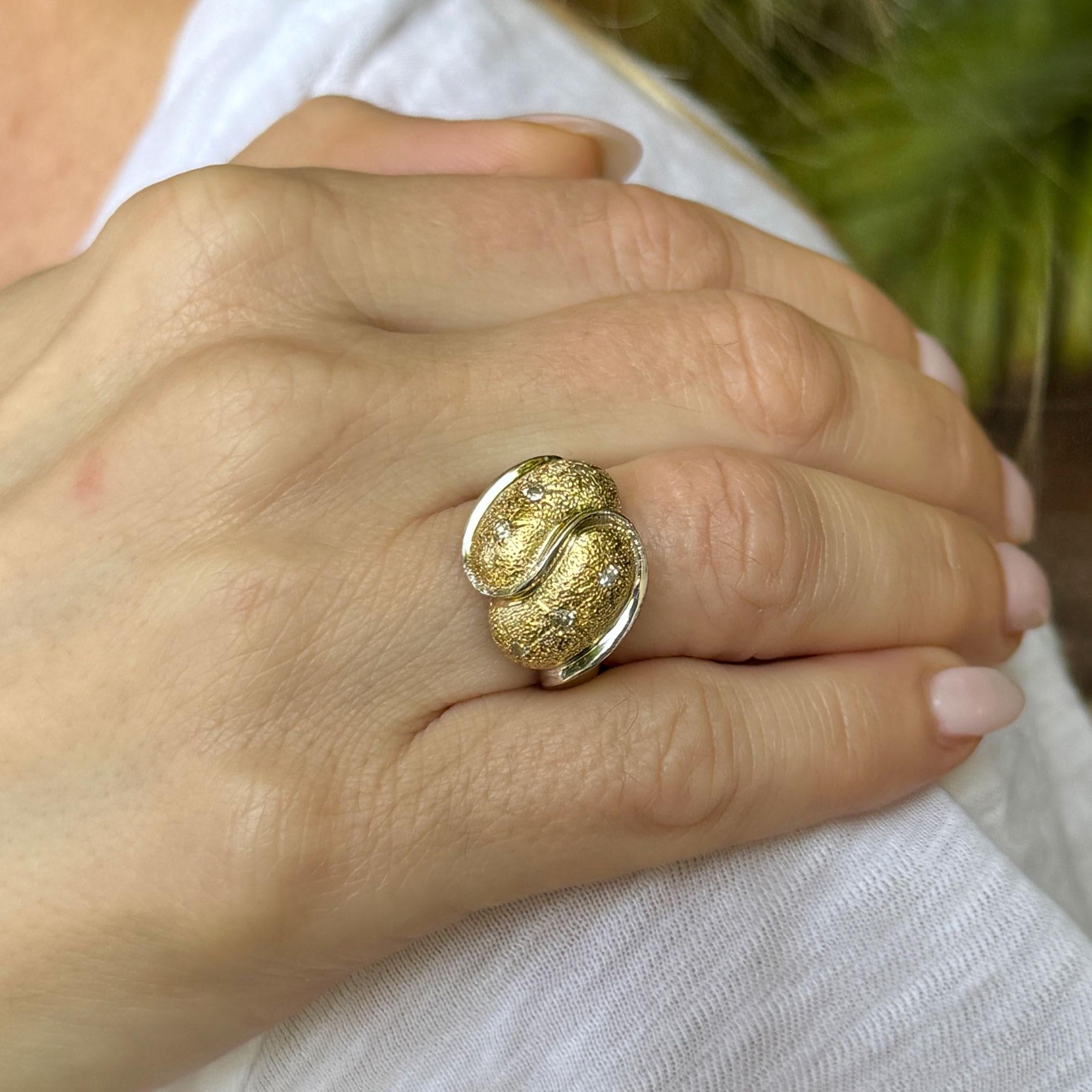 Textured Two Tone 14 Karat Gold Diamond Vintage Dome Ring