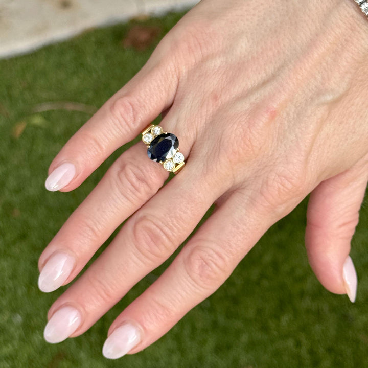 Oval Blue Sapphire Diamond 14 Karat Yellow Gold Vintage Cocktail Ring
