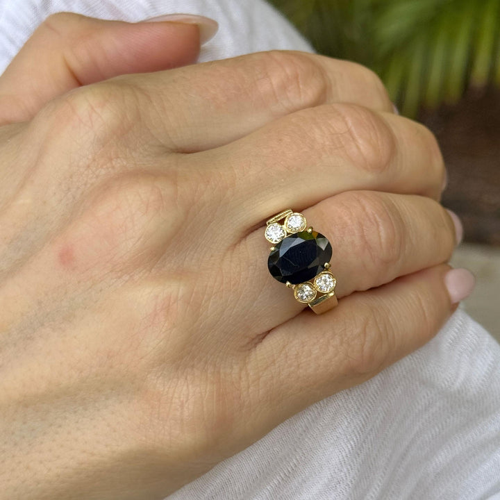 Oval Blue Sapphire Diamond 14 Karat Yellow Gold Vintage Cocktail Ring