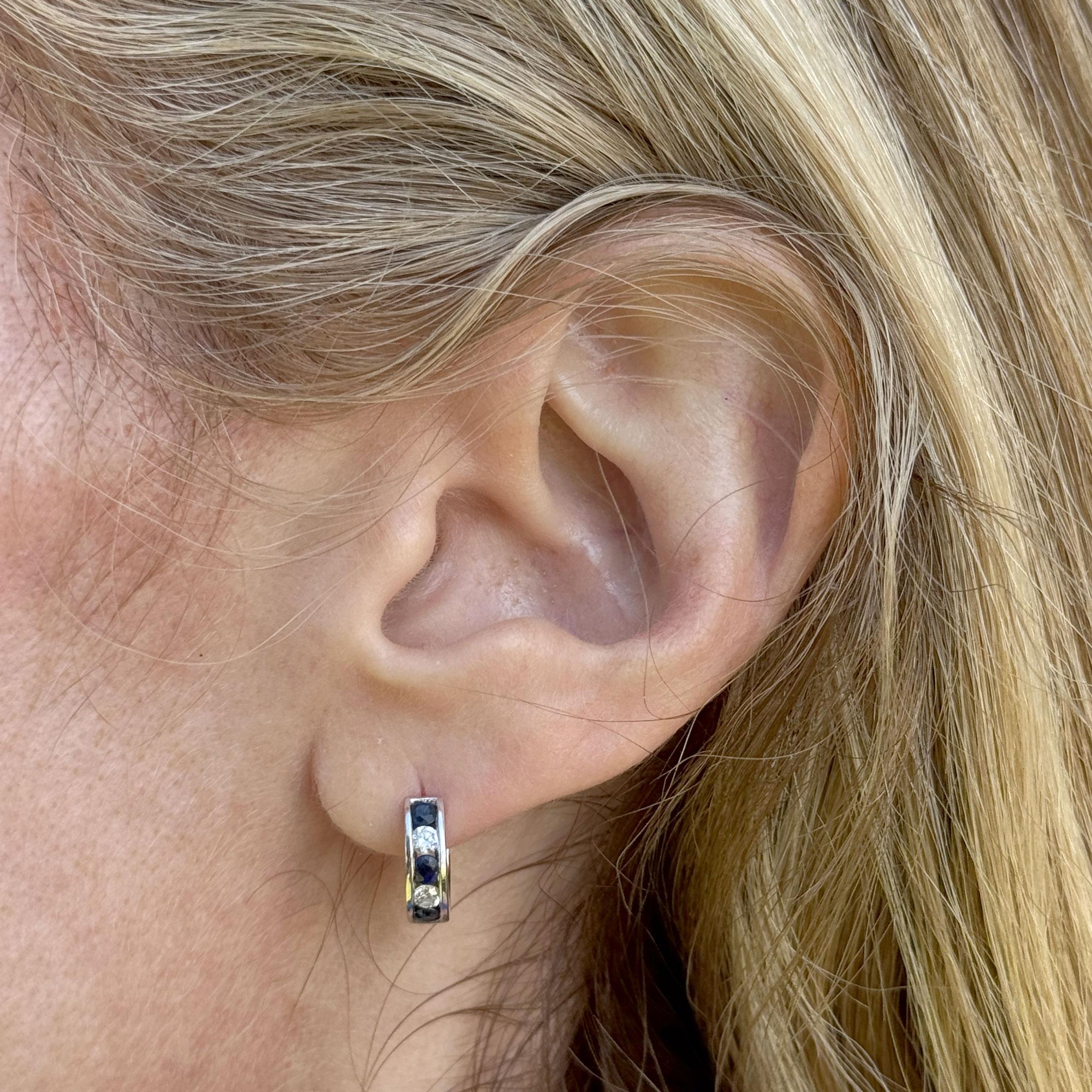 Diamond Sapphire 14 Karat White Gold Huggie Hoop Modern Earrings