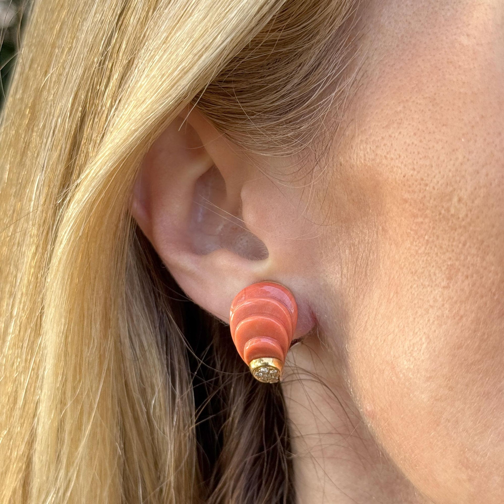 1960's Carved Coral Diamond 18 Karat Yellow Gold Vintage Earclip Earrings