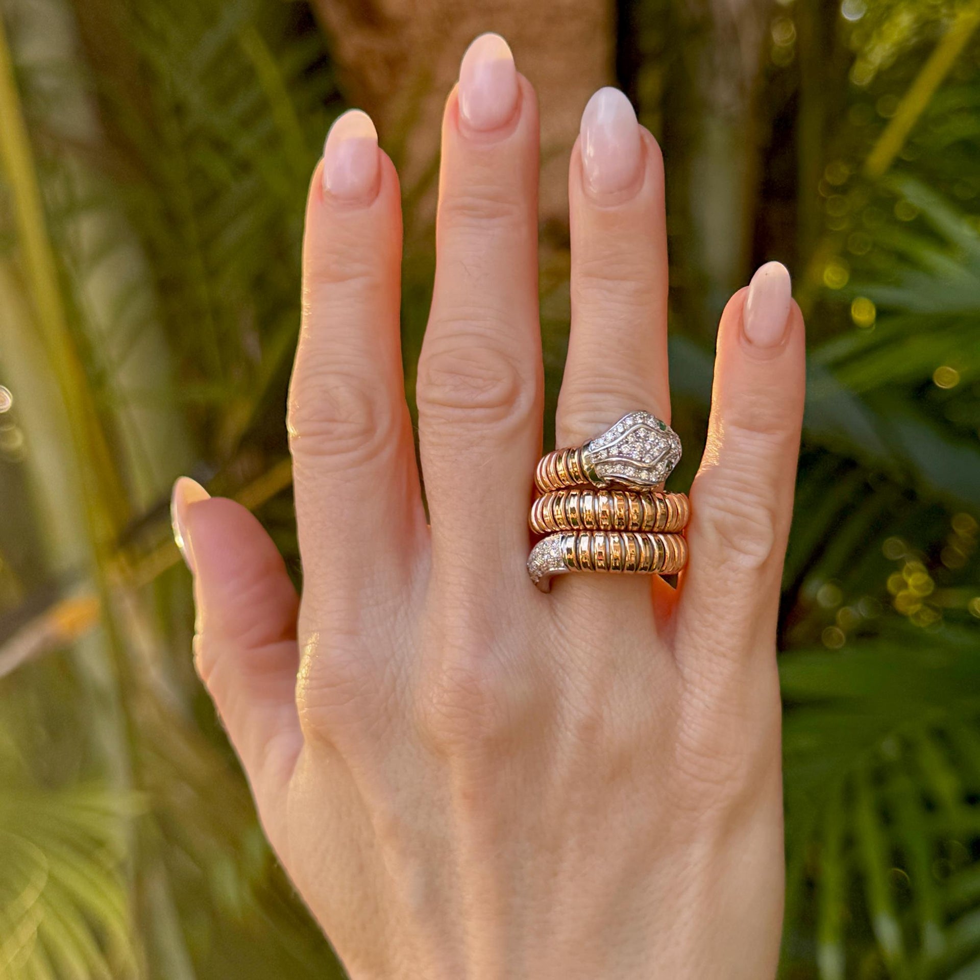 Flexible Diamond Snake 18 Karat Rose & White Gold Vintage Ring Crafted Italy