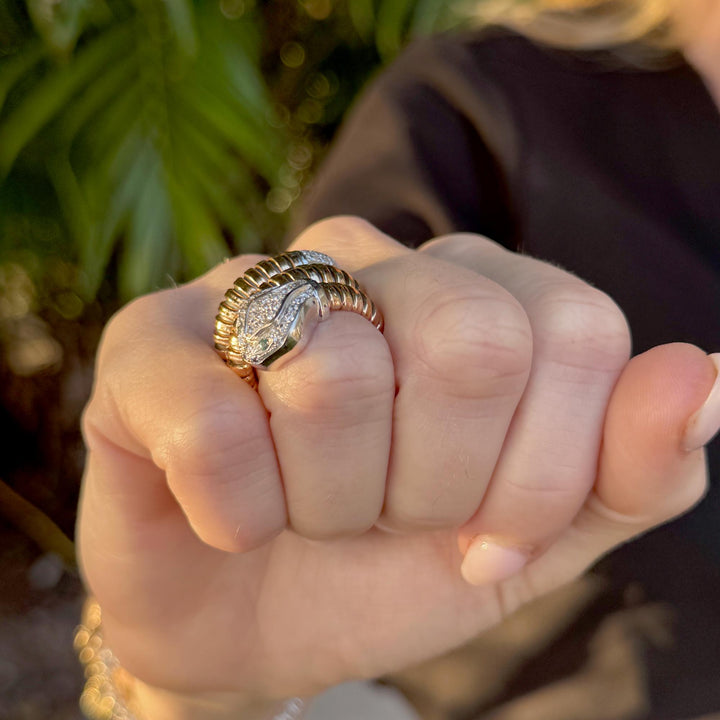 Flexible Diamond Snake 18 Karat Rose & White Gold Vintage Ring Crafted Italy