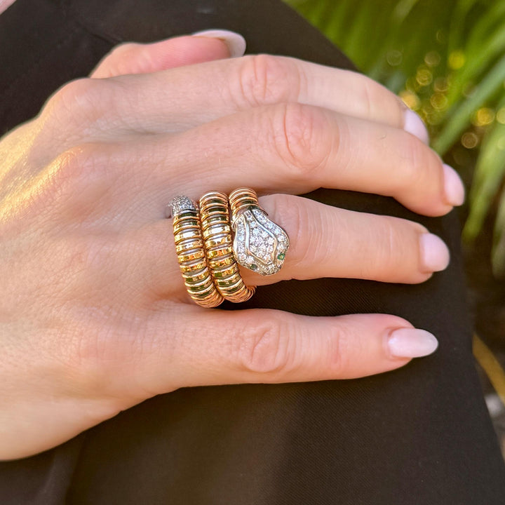 Flexible Diamond Snake 18 Karat Rose & White Gold Vintage Ring Crafted Italy