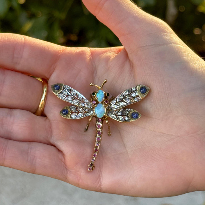 Diamond Opal Sapphire Ruby 14KYG  Dragonfy Brooch Pin Late 20th Century