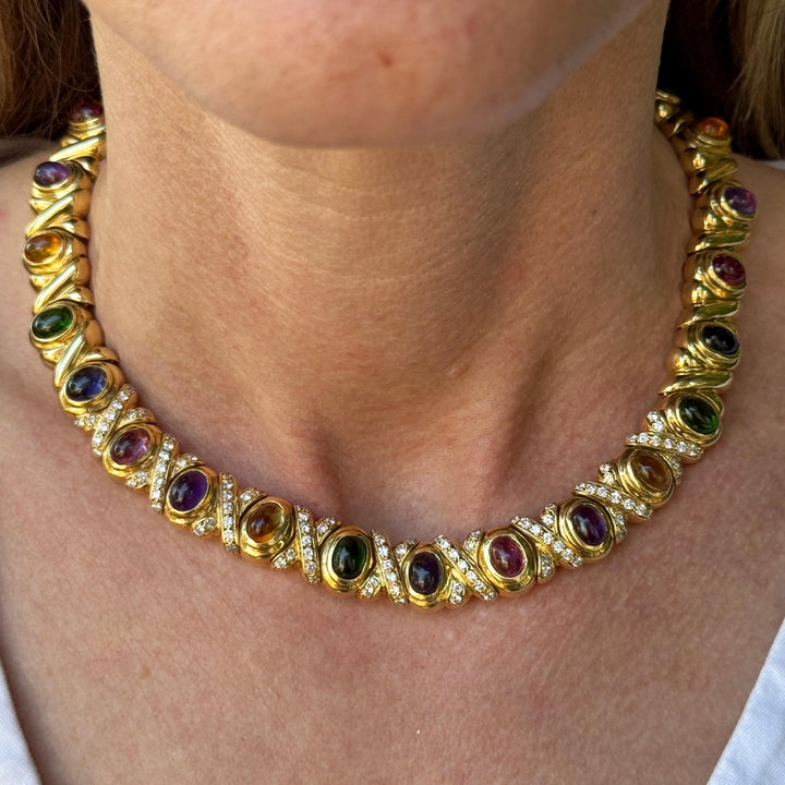 Black Star & Frost Diamond Cabechon Gemstone 18K Yellow Gold Statement Necklace