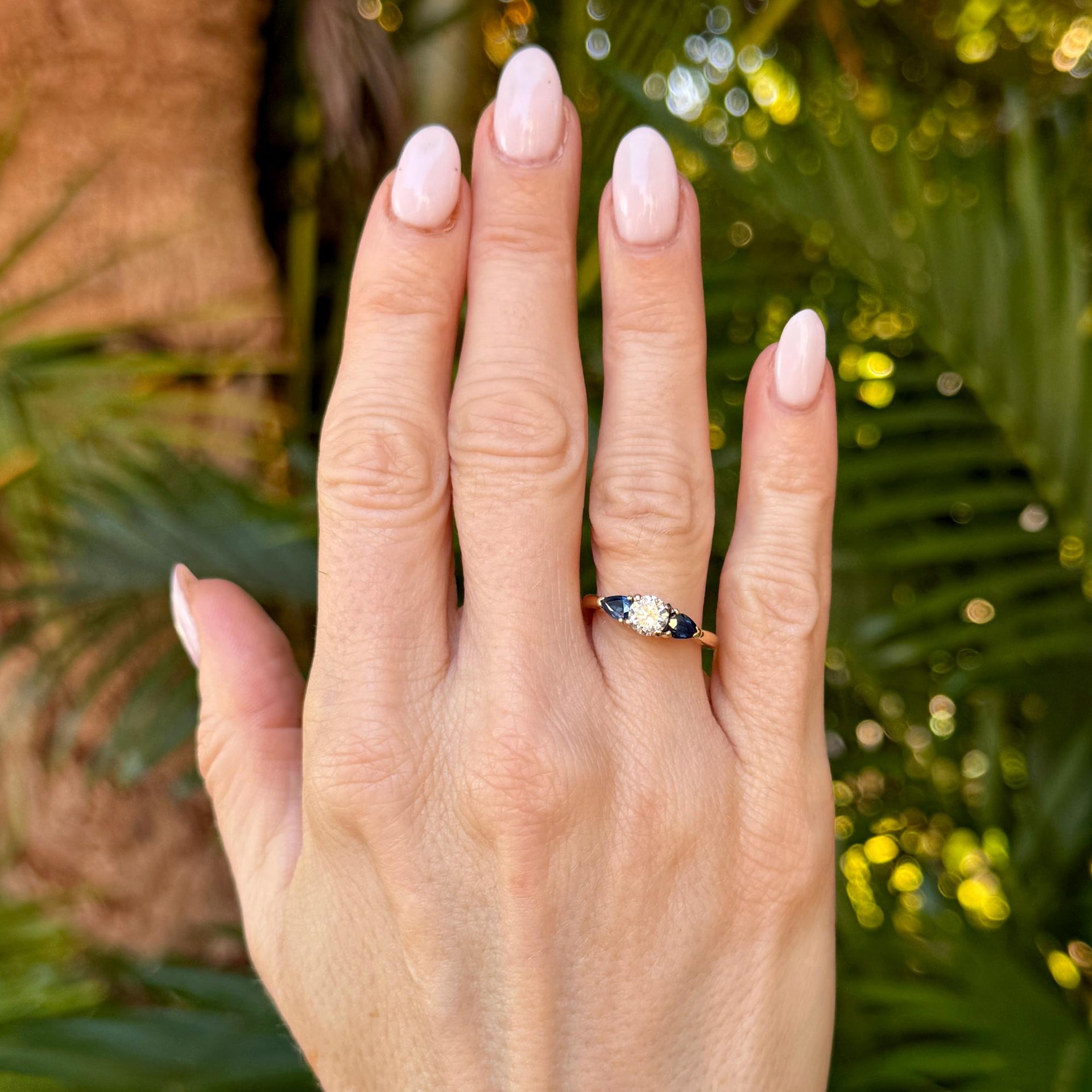 Diamond Blue Sapphire 18 Karat Yellow Gold Three Stone Band Ring