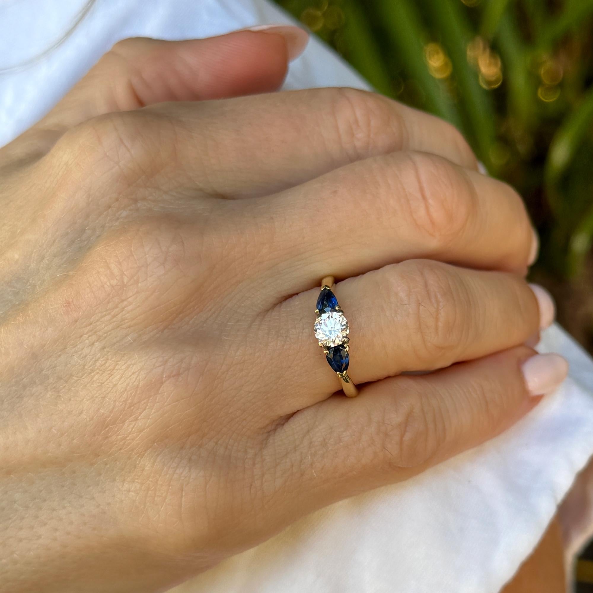 Diamond Blue Sapphire 18 Karat Yellow Gold Three Stone Band Ring