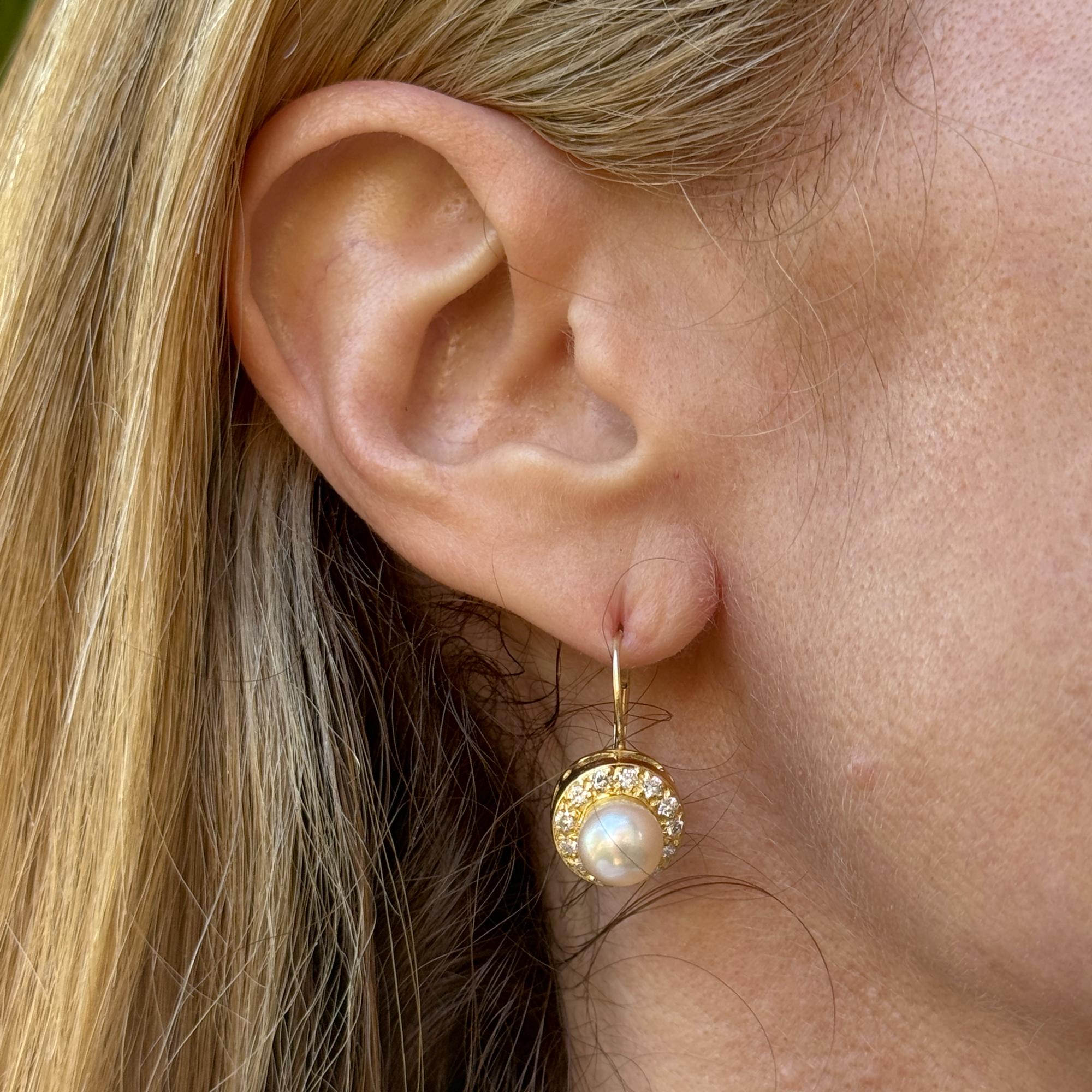 Diamond & Pearl Yellow Gold Dangle Vintage Earrings