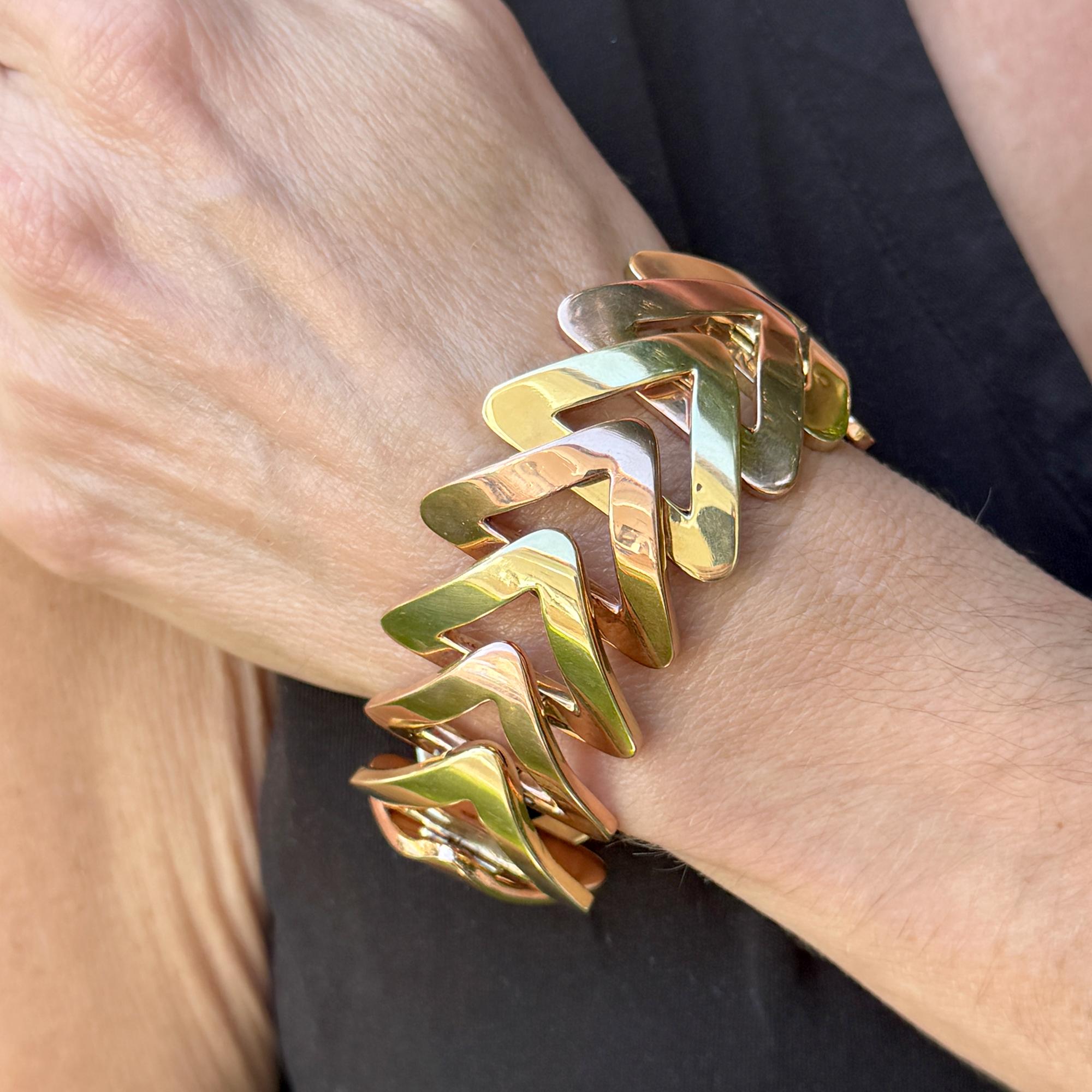 Retro Rose & Yellow Gold Triangle Link Wide Vintage Statement Bracelet
