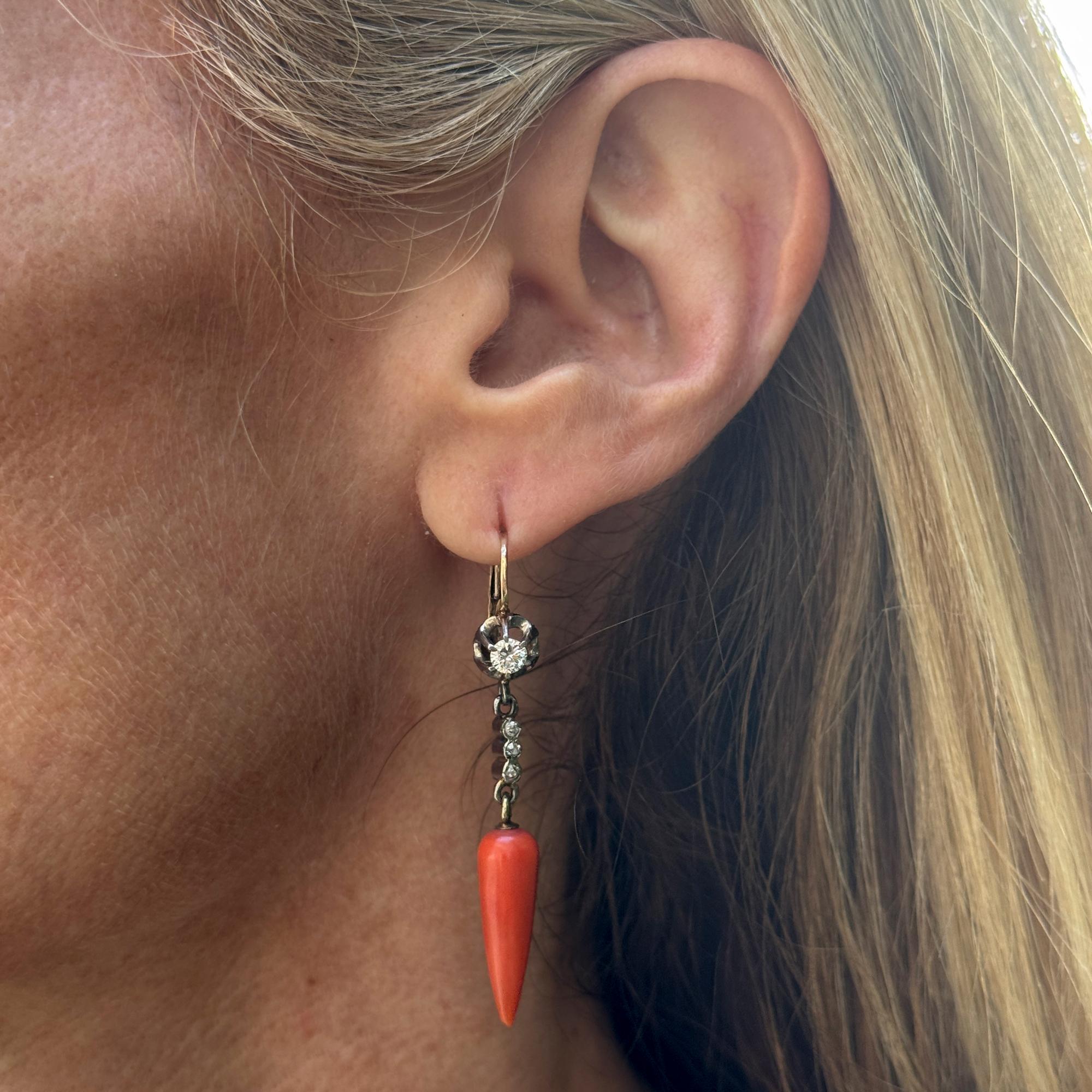 Edwardian Coral Diamond Yellow Gold & Silver Antique Drop Earrings
