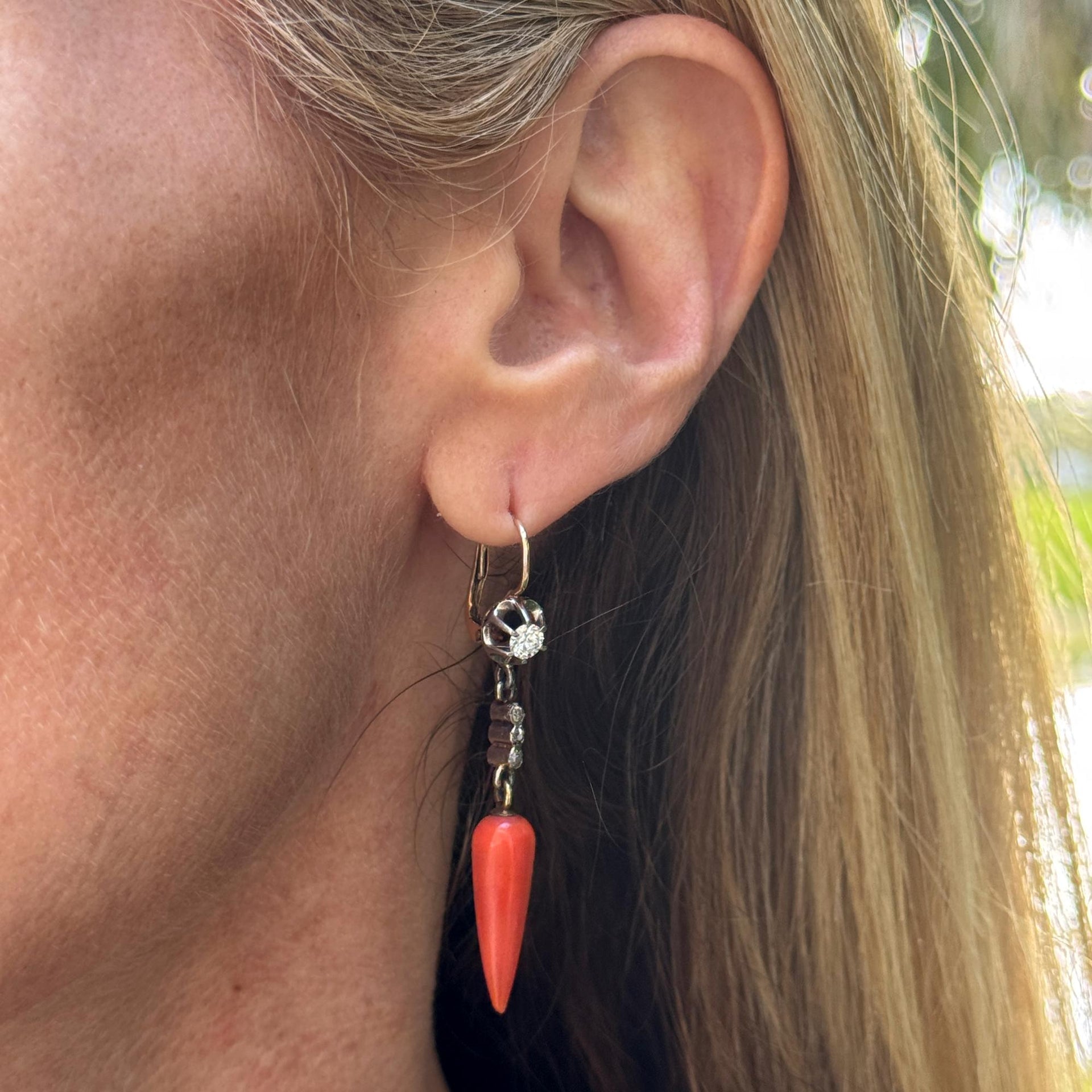 Edwardian Coral Diamond Yellow Gold & Silver Antique Drop Earrings