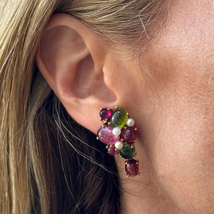 Tutti Frutti 14 Karat Yellow Gold Colorful Tourmaline Gemstone Dangle Earrings