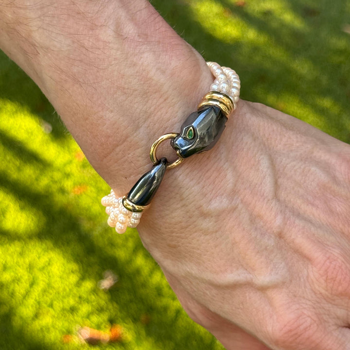 Cartier Panther Panthère Yellow Gold & Silverium Emerald Pearl Bracelet Vintage