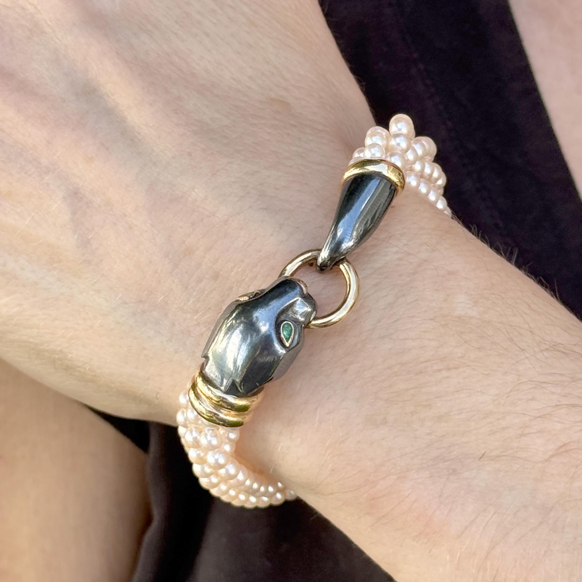 Cartier Panther Panthère Yellow Gold & Silverium Emerald Pearl Bracelet Vintage