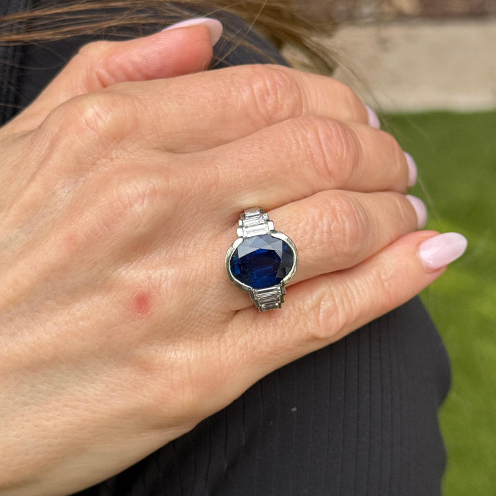 9.50 Carat Oval Natural Blue Sapphire Diamond Platinum Cocktail Ring