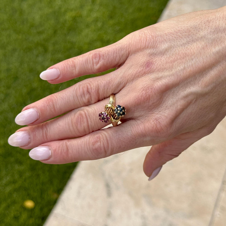 Ruby Blue Sapphire 14 Karat Yellow Gold Floral Vintage Bypass Ring