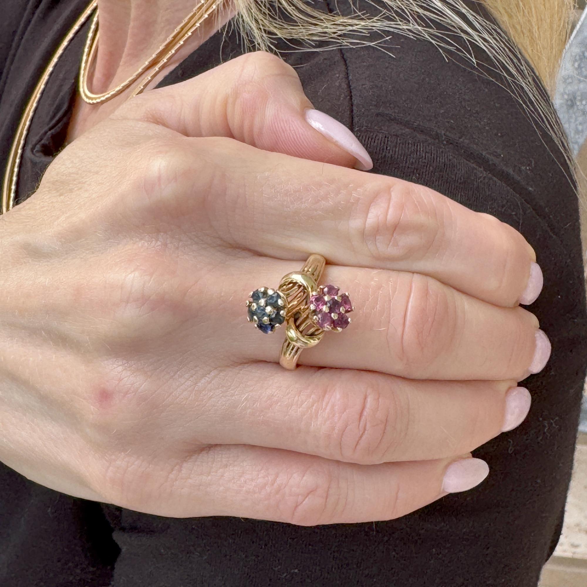 Ruby Blue Sapphire 14 Karat Yellow Gold Floral Vintage Bypass Ring