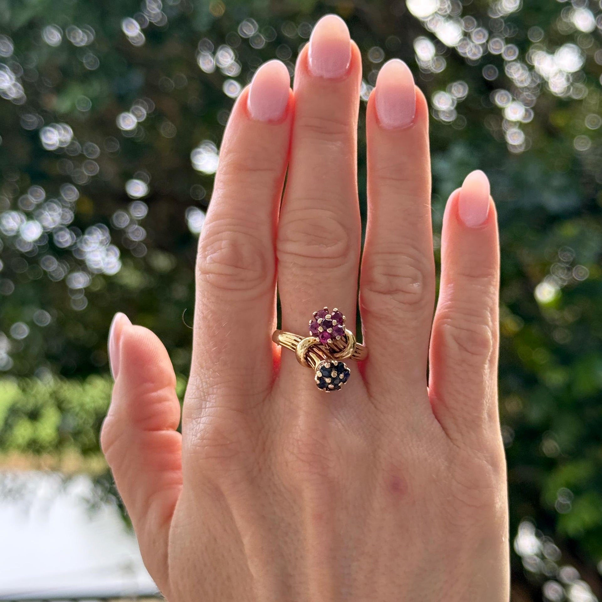 Ruby Blue Sapphire 14 Karat Yellow Gold Floral Vintage Bypass Ring