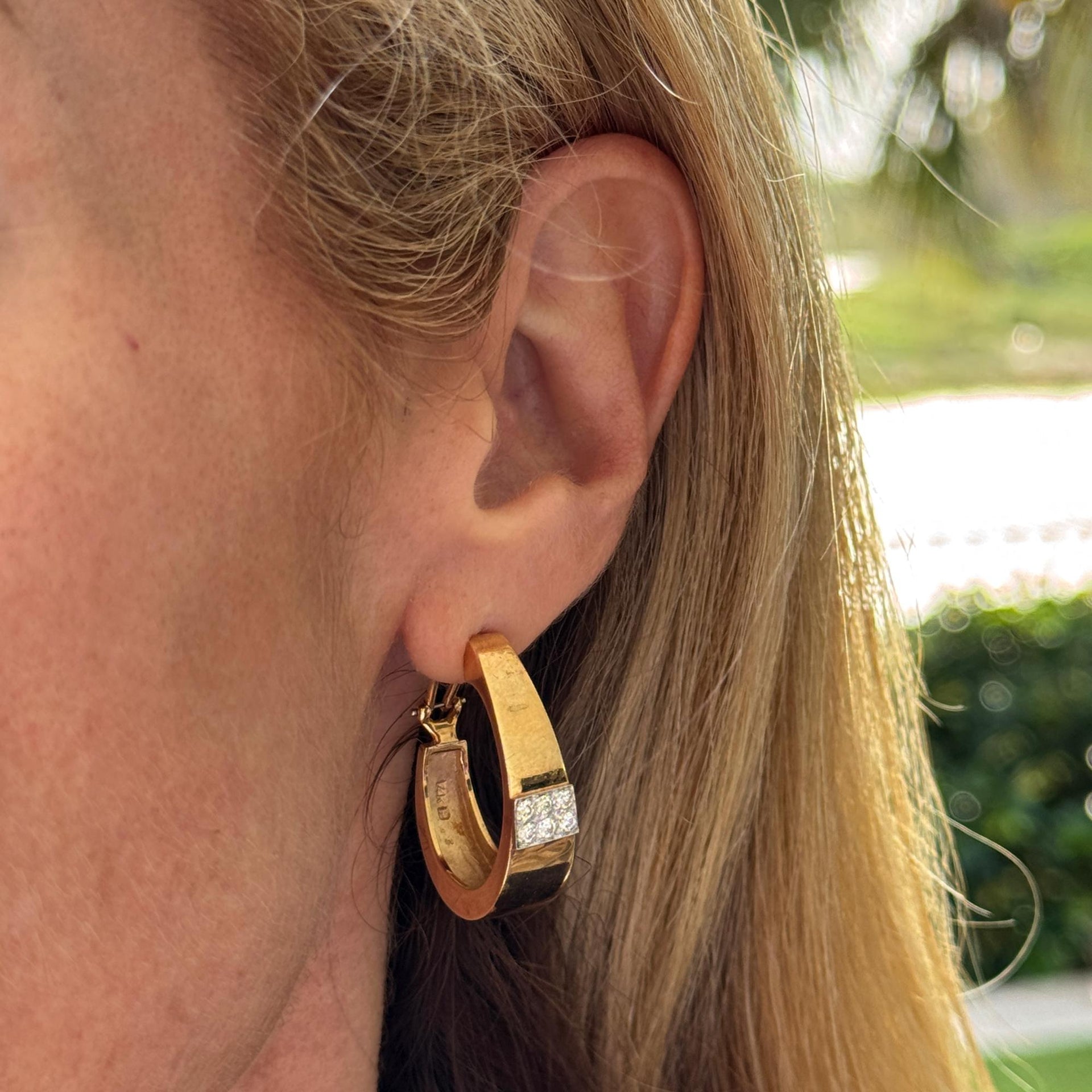 Diamond Hoop 14 Karat Yellow Gold J Hoop Contemporary Leverback Earrings