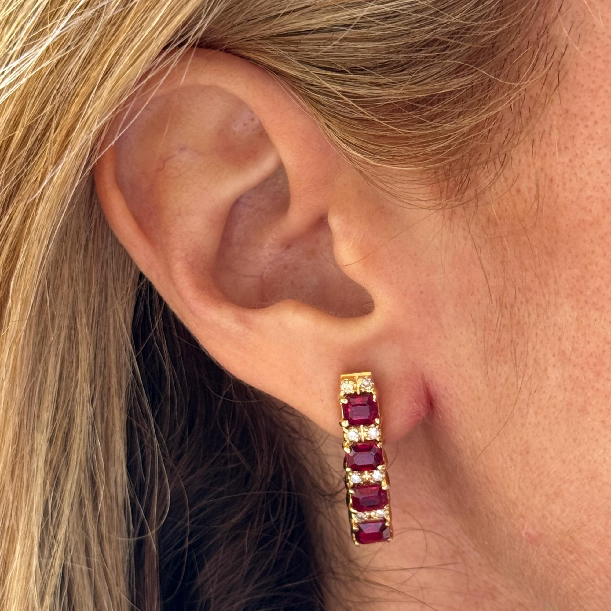 Diamond Ruby 14 Karat Yellow Gold Drop Leverback Earrings
