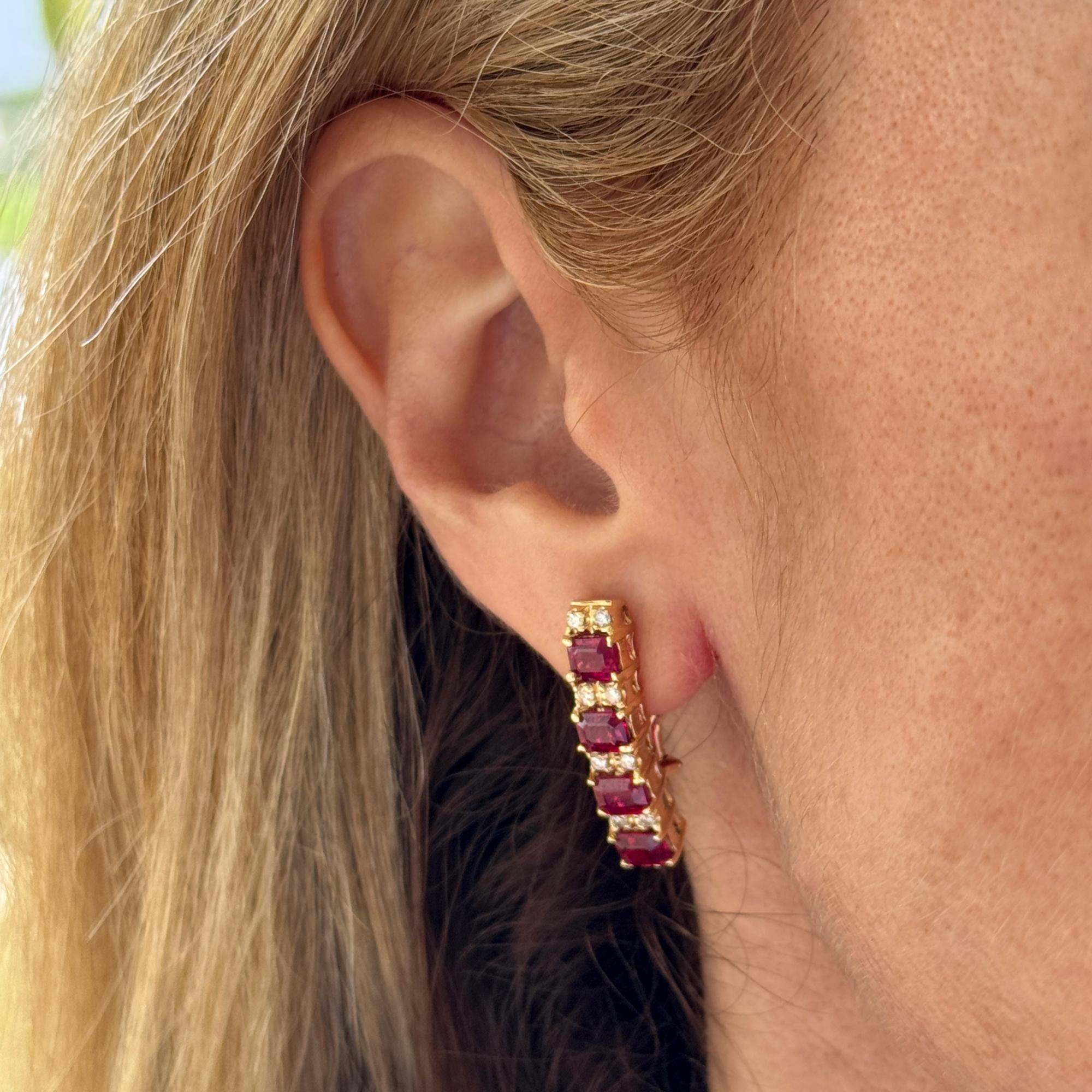Diamond Ruby 14 Karat Yellow Gold Drop Leverback Earrings