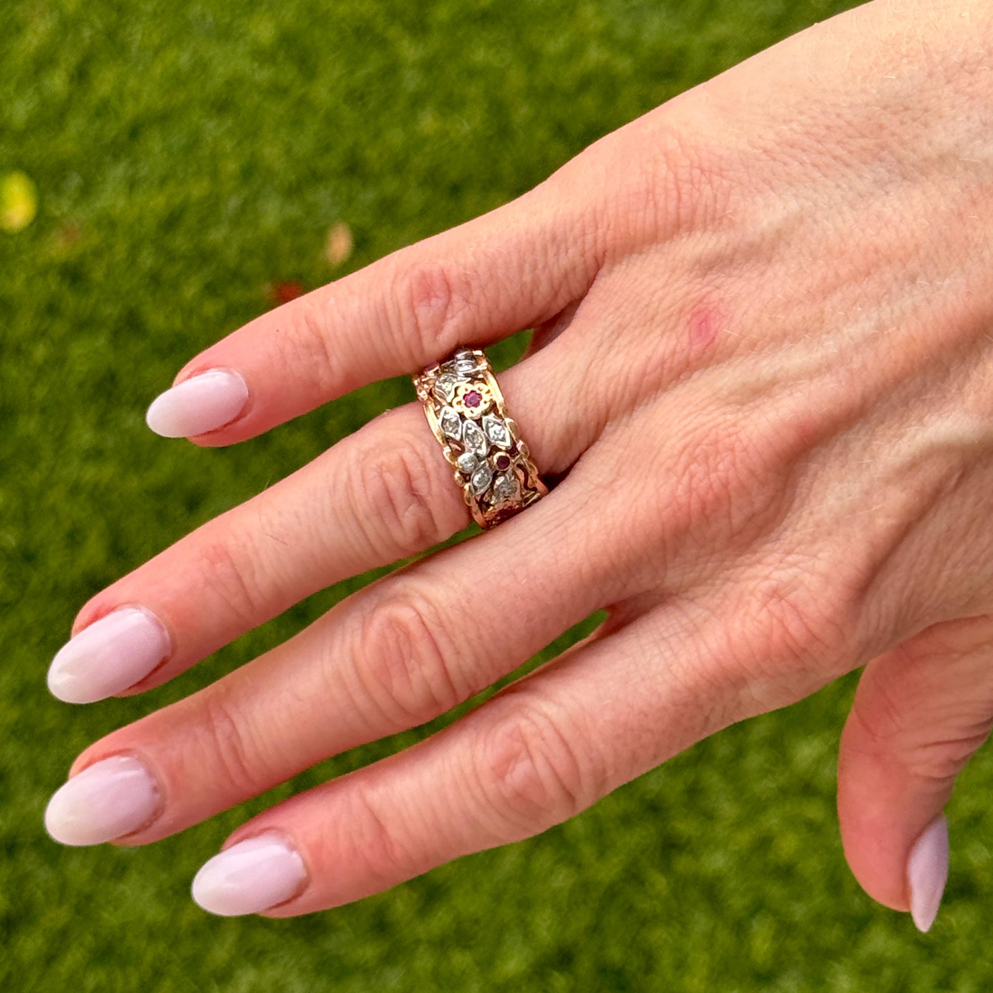 Retro Old Mine Cut Diamond Ruby Floral Design Wedding Band Ring 14KRG/Platinum