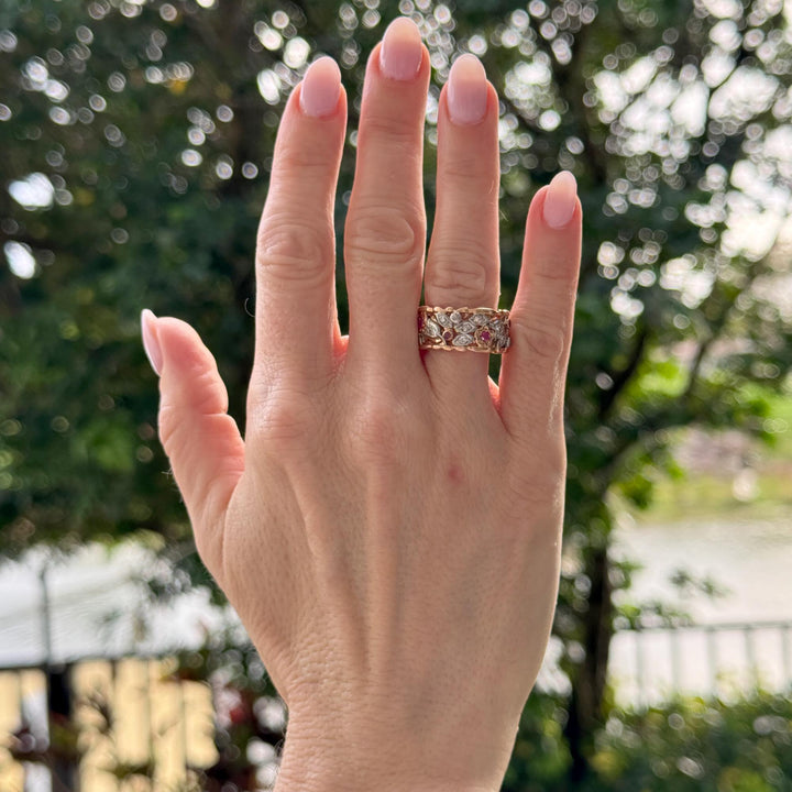 Retro Old Mine Cut Diamond Ruby Floral Design Wedding Band Ring 14KRG/Platinum