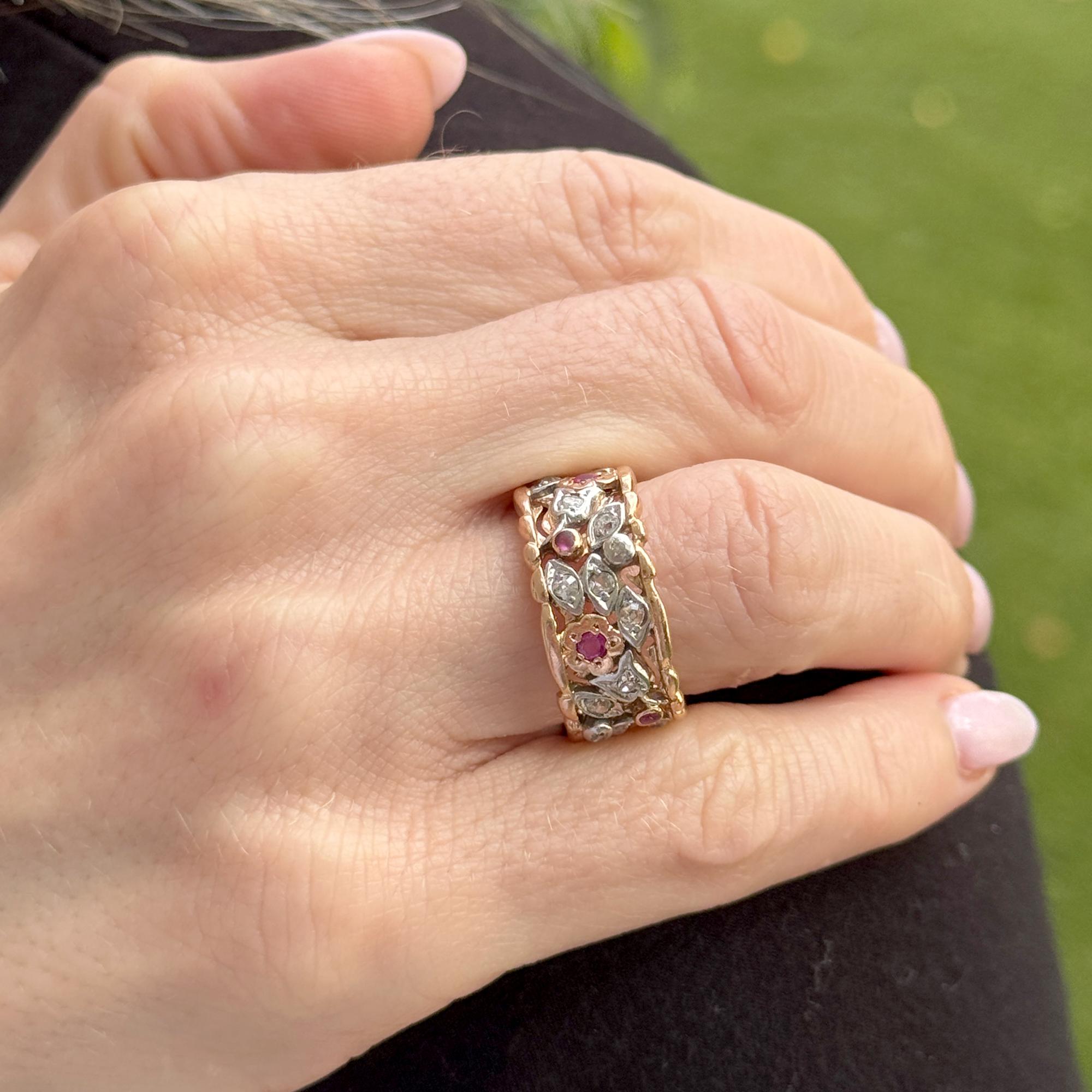 Retro Old Mine Cut Diamond Ruby Floral Design Wedding Band Ring 14KRG/Platinum