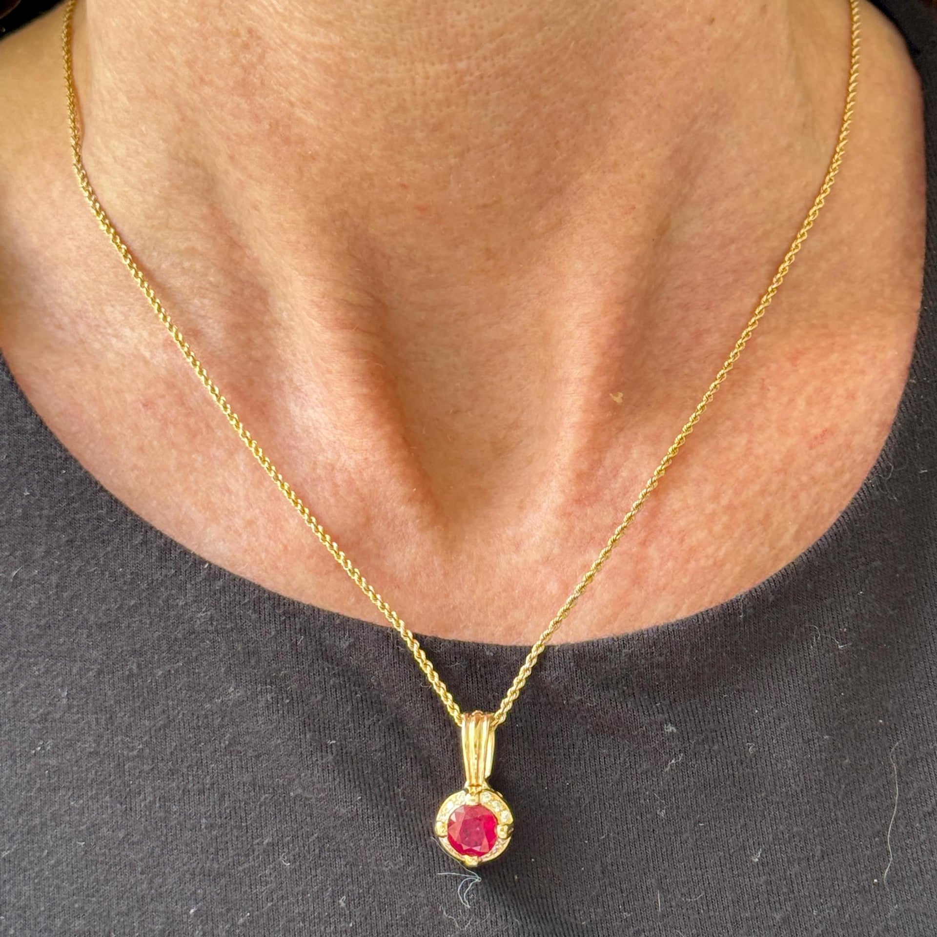 Ruby Diamond Halo 14 Karat Yellow Gold Pendant Necklace