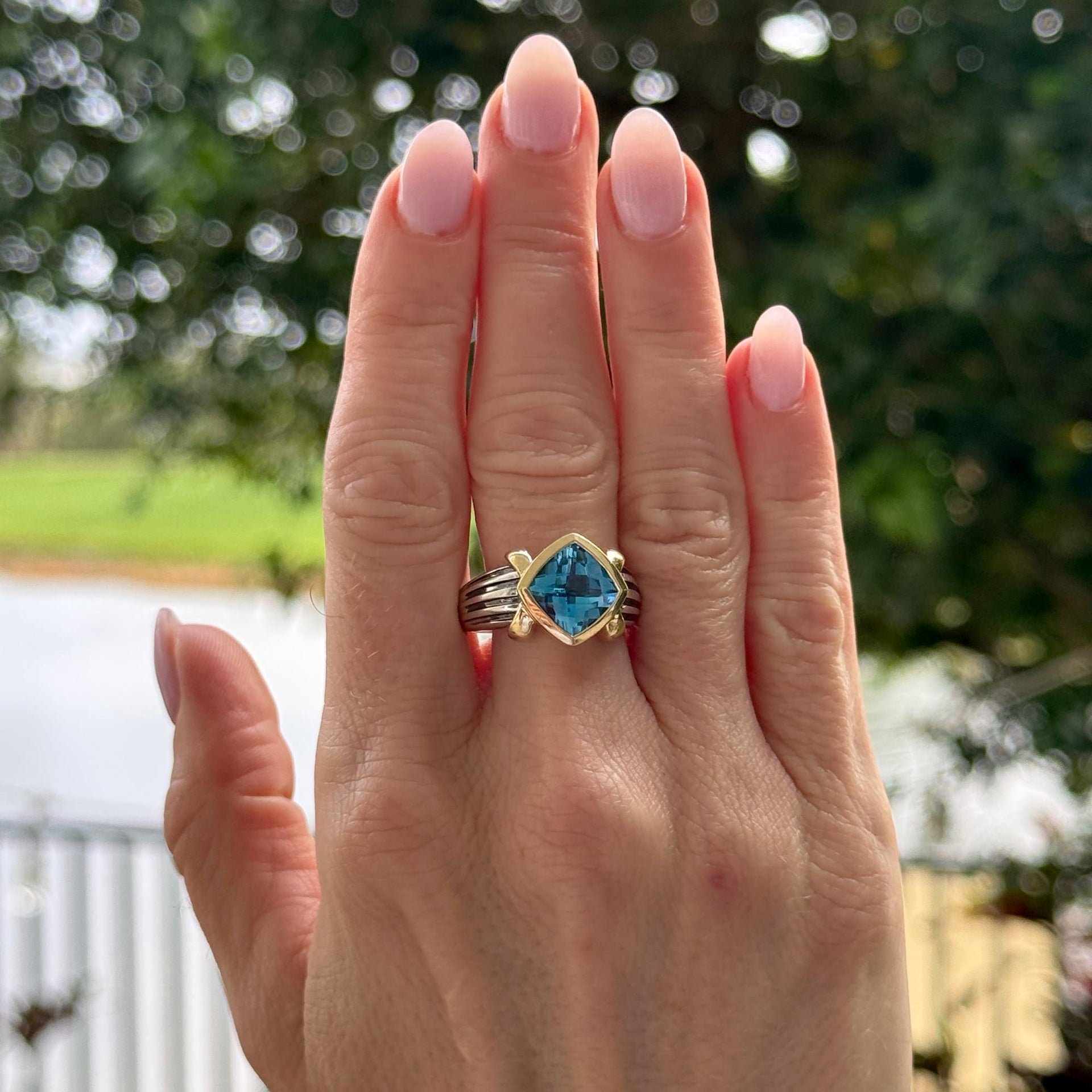 Blue Topaz 14 Karat Yellow & White Gold Solitaire Modern Ring