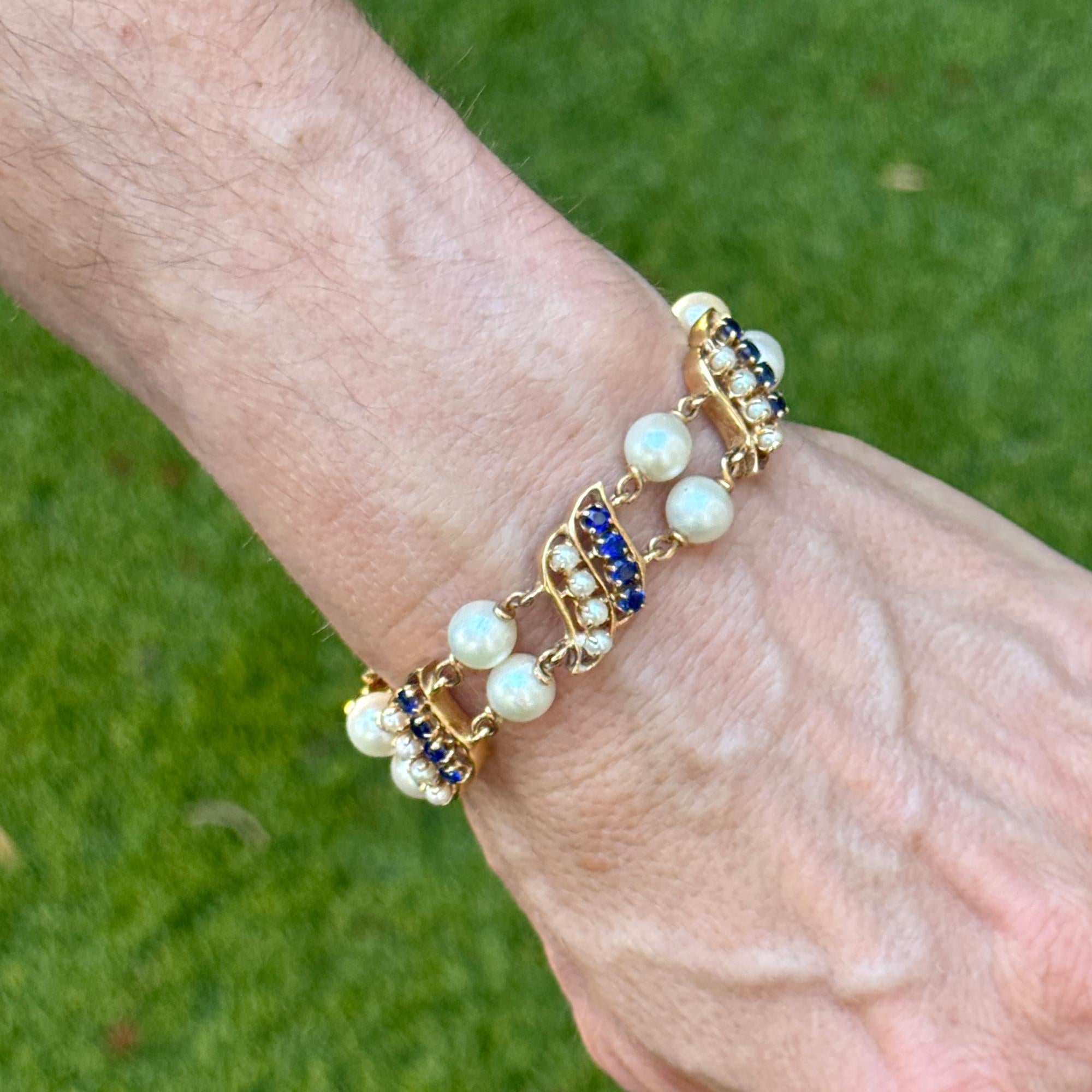 Sapphire Pearl 14 Karat Yellow Gold Two Row Vintage Link Bracelet