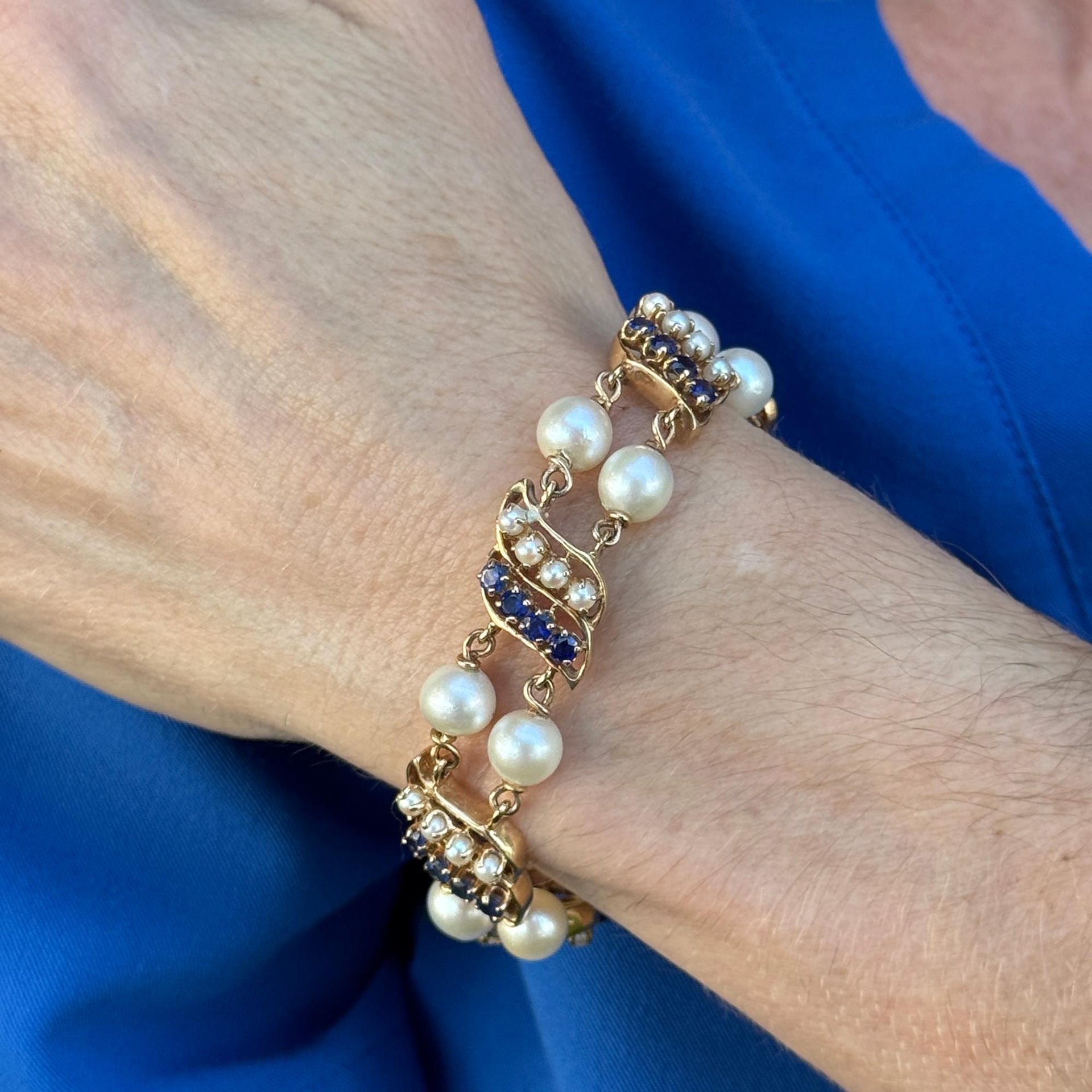 Sapphire Pearl 14 Karat Yellow Gold Two Row Vintage Link Bracelet