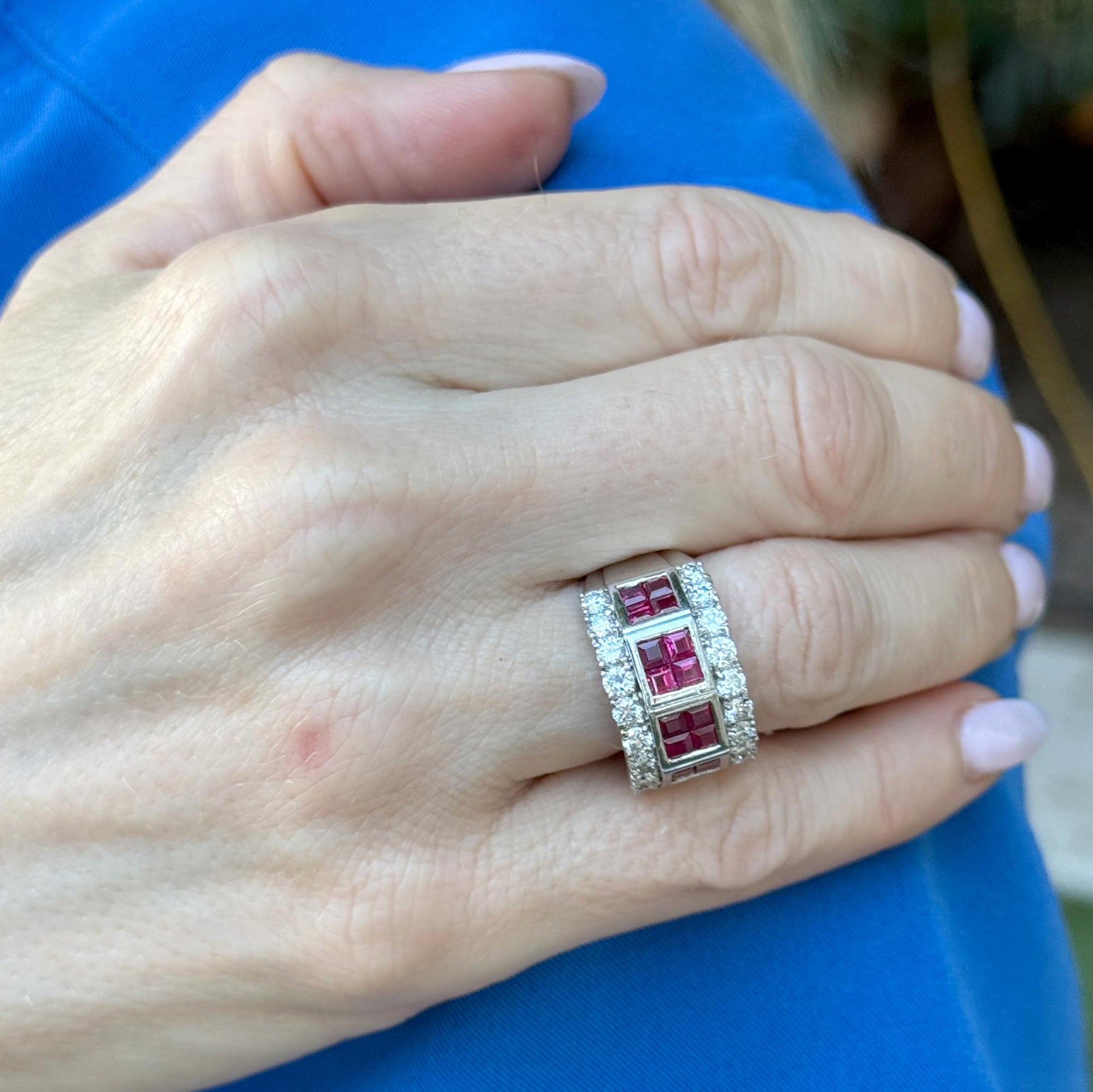 Ruby Diamond Platinum Wide Modern Band Ring Size 7