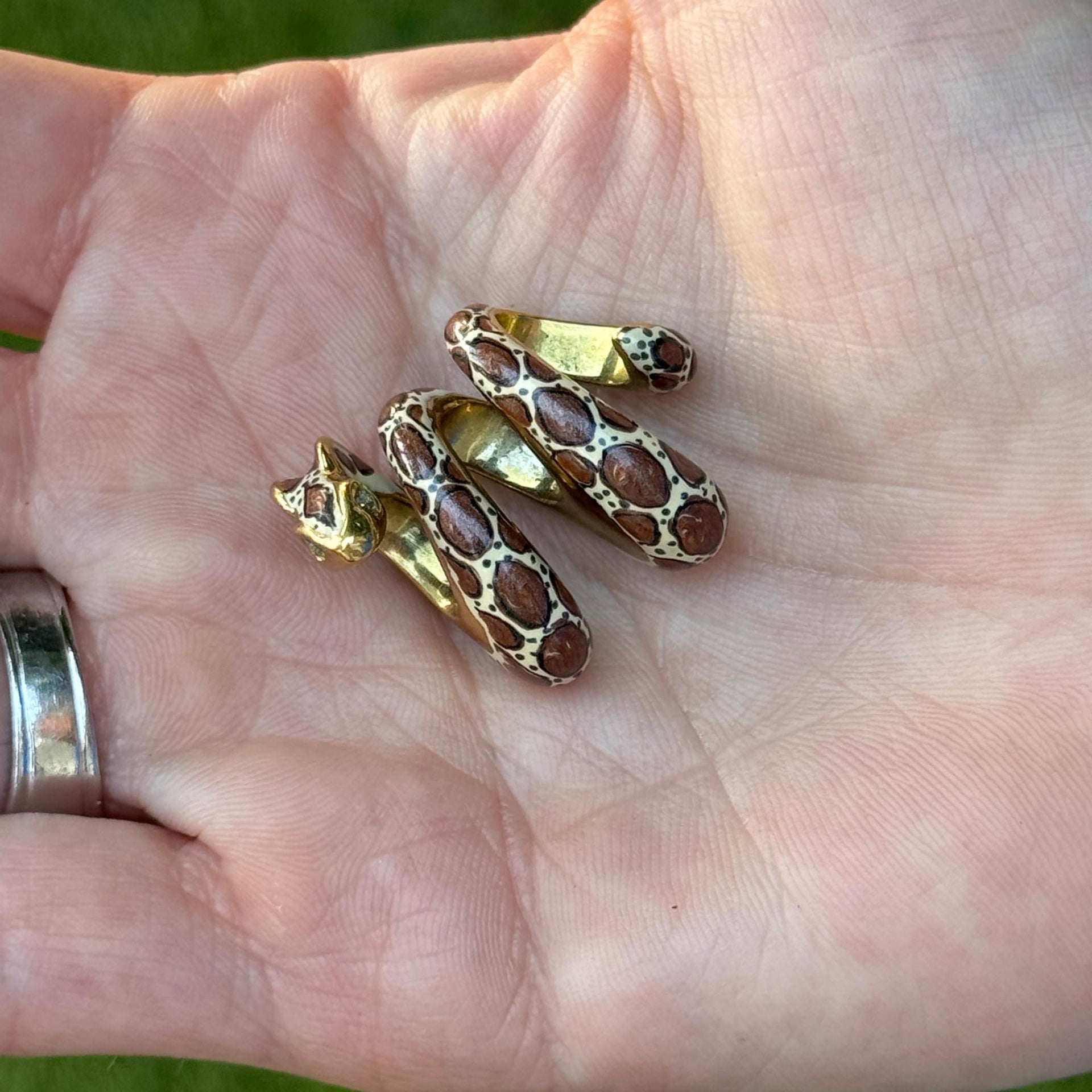 14 Karat Yellow Gold Brown and White Enamel Snake Slide Pendant