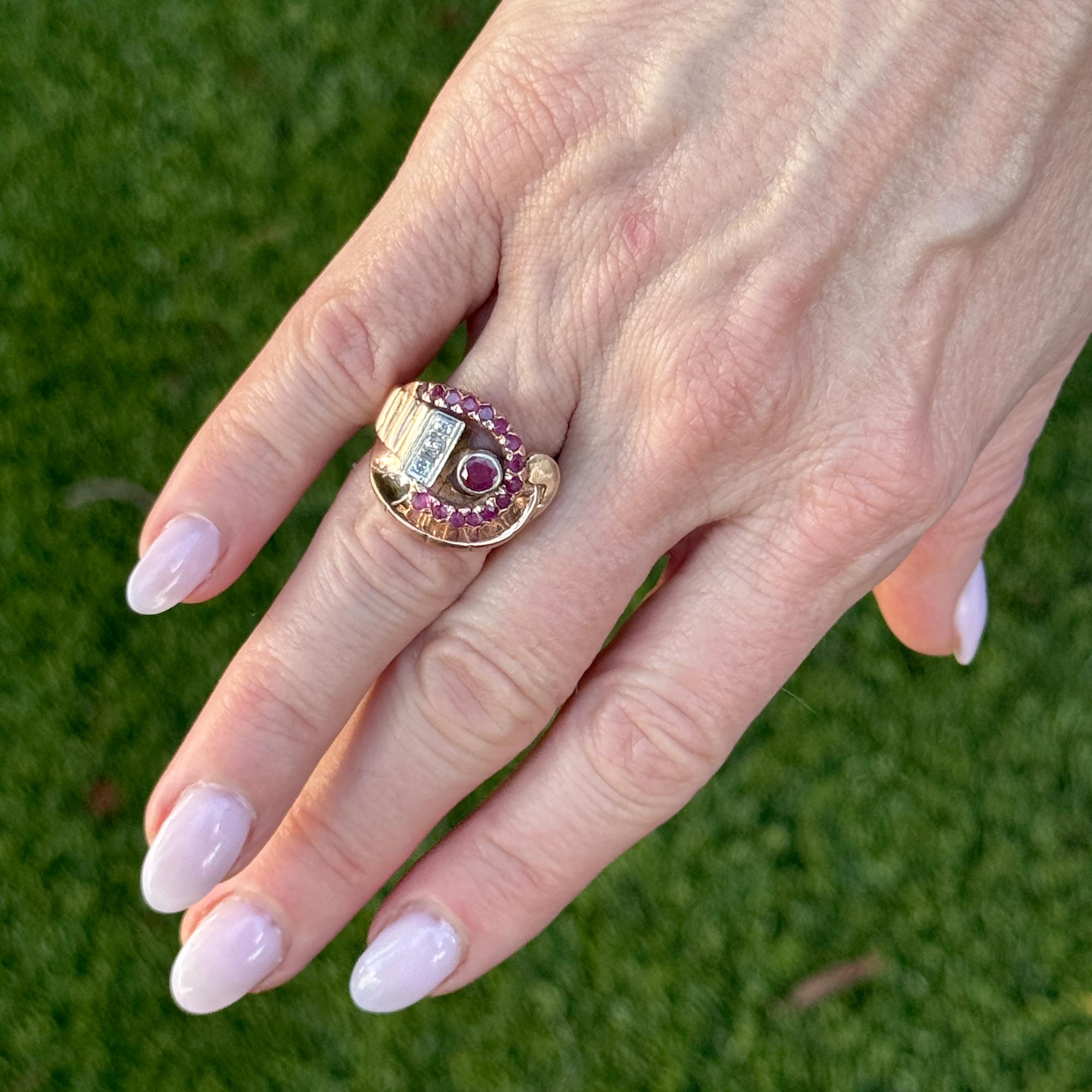 Retro Ruby Diamond 14 Karat Rose & White Gold Vintage Ring