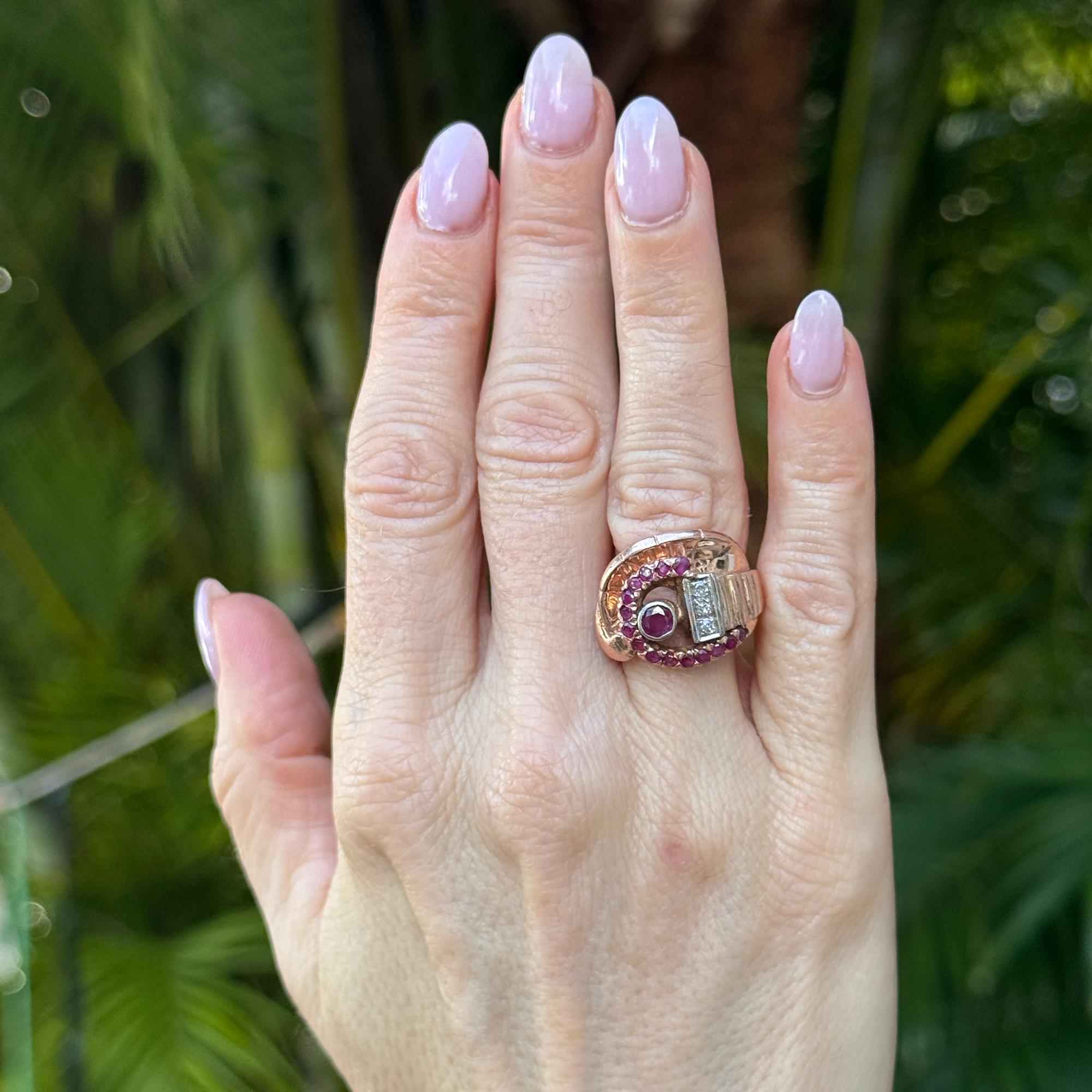 Retro Ruby Diamond 14 Karat Rose & White Gold Vintage Ring
