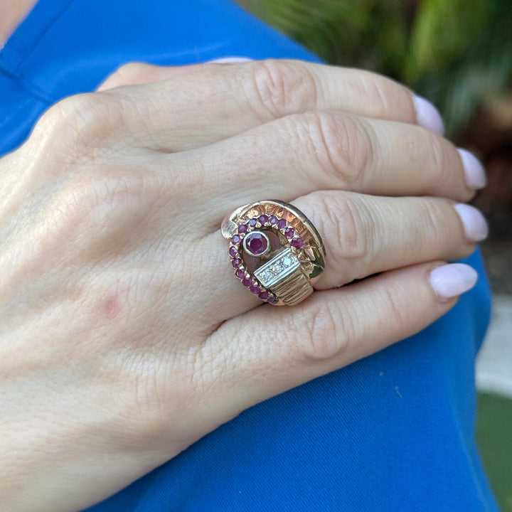 Retro Ruby Diamond 14 Karat Rose & White Gold Vintage Ring