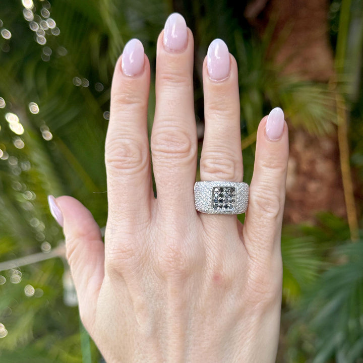 Pavé White & Black Diamond 18 Karat White Gold Wide Band Ring