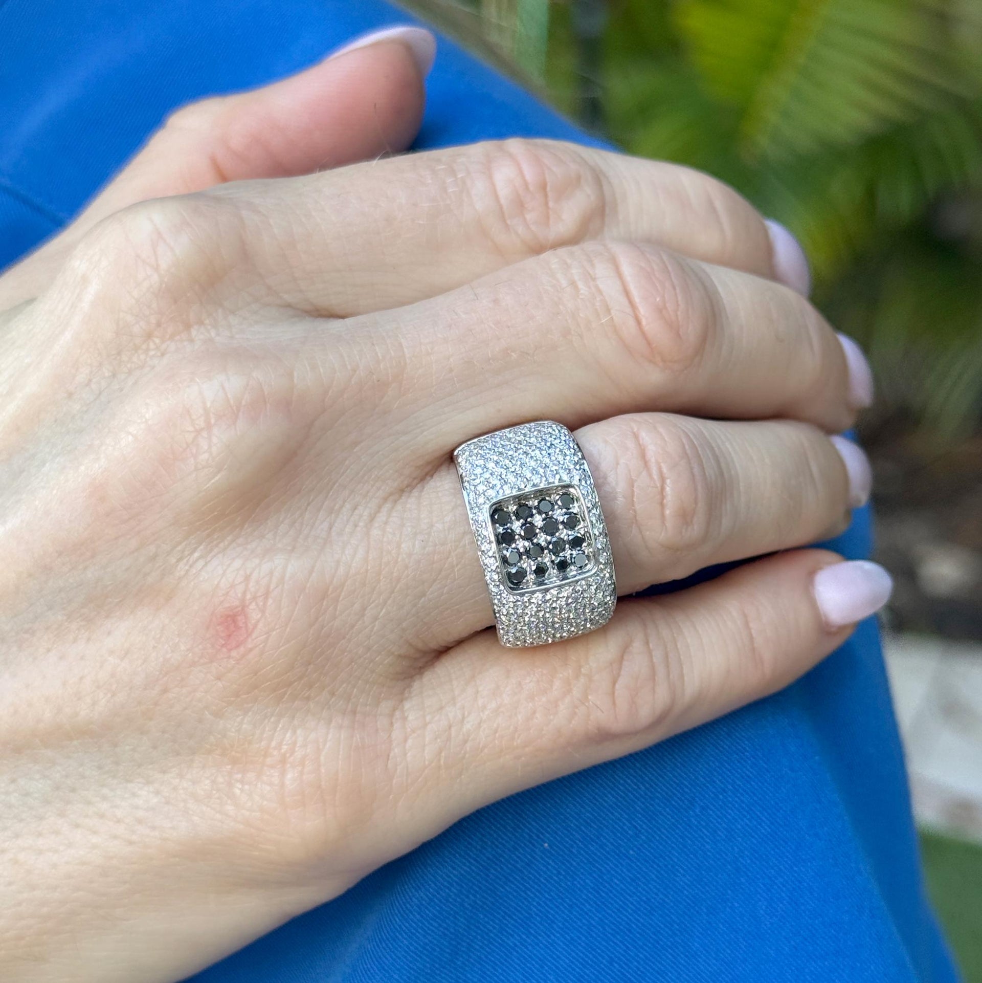 Pavé White & Black Diamond 18 Karat White Gold Wide Band Ring