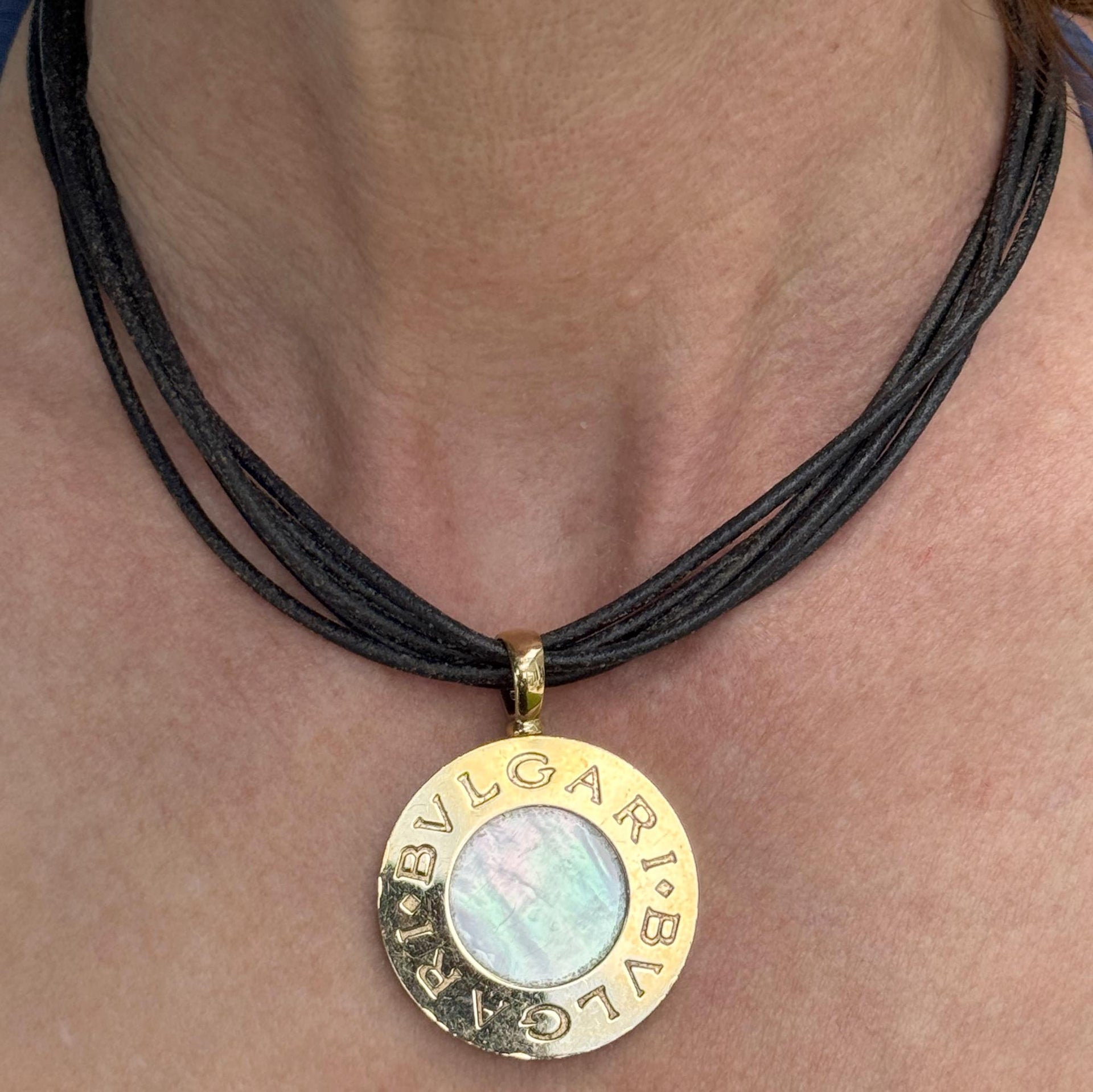 Bvlgari 18K Yellow Gold Steel Mother of Pearl Onyx Pendant Leather Cord Necklace