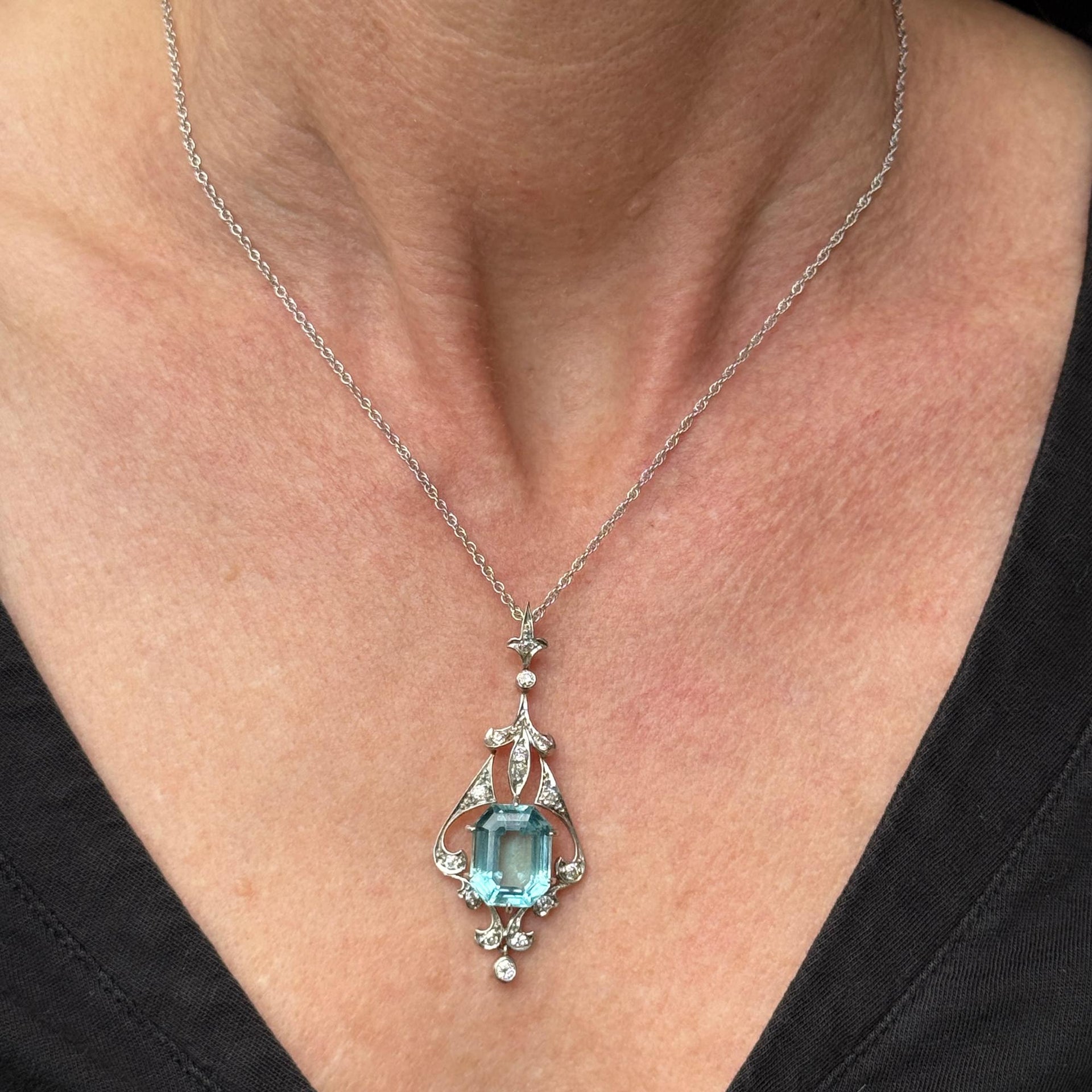 Edwardian Aquamarine Old Mine Cut Diamond Pendant Necklace 14KYG/Platinum
