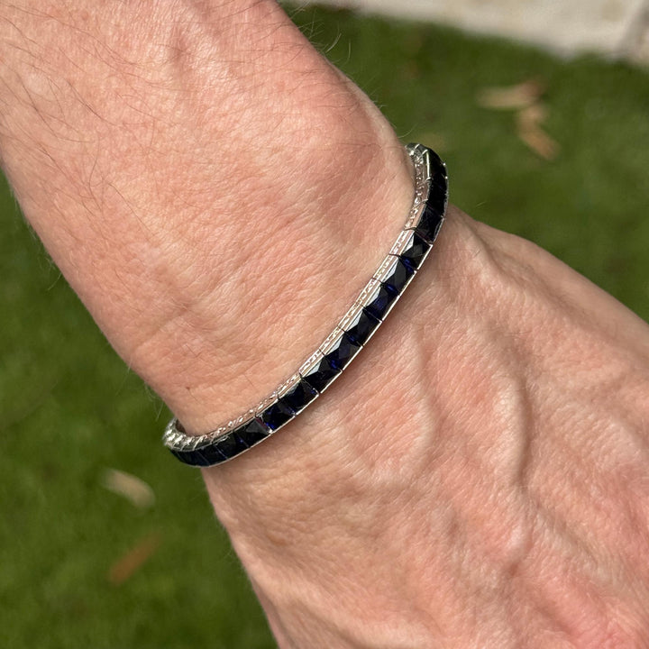 1940's Platinum Synthetic Blue Sapphire Vintage Line Bracelet