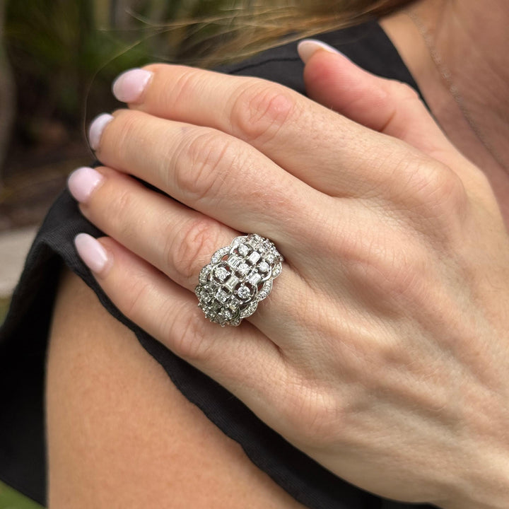 2 CTW Round Brilliant & Emerald Cut White Gold Vintage Band Ring