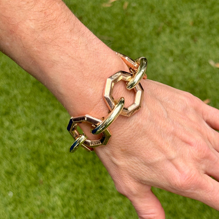 Retro Yellow & Rose Gold Octagonal Link Vintage Bracelet 7.5 Inches