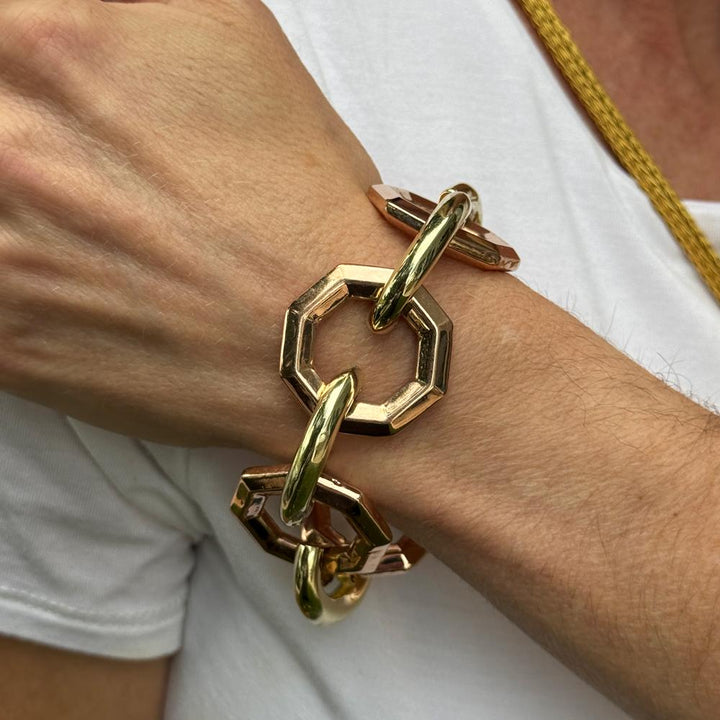 Retro Yellow & Rose Gold Octagonal Link Vintage Bracelet 7.5 Inches