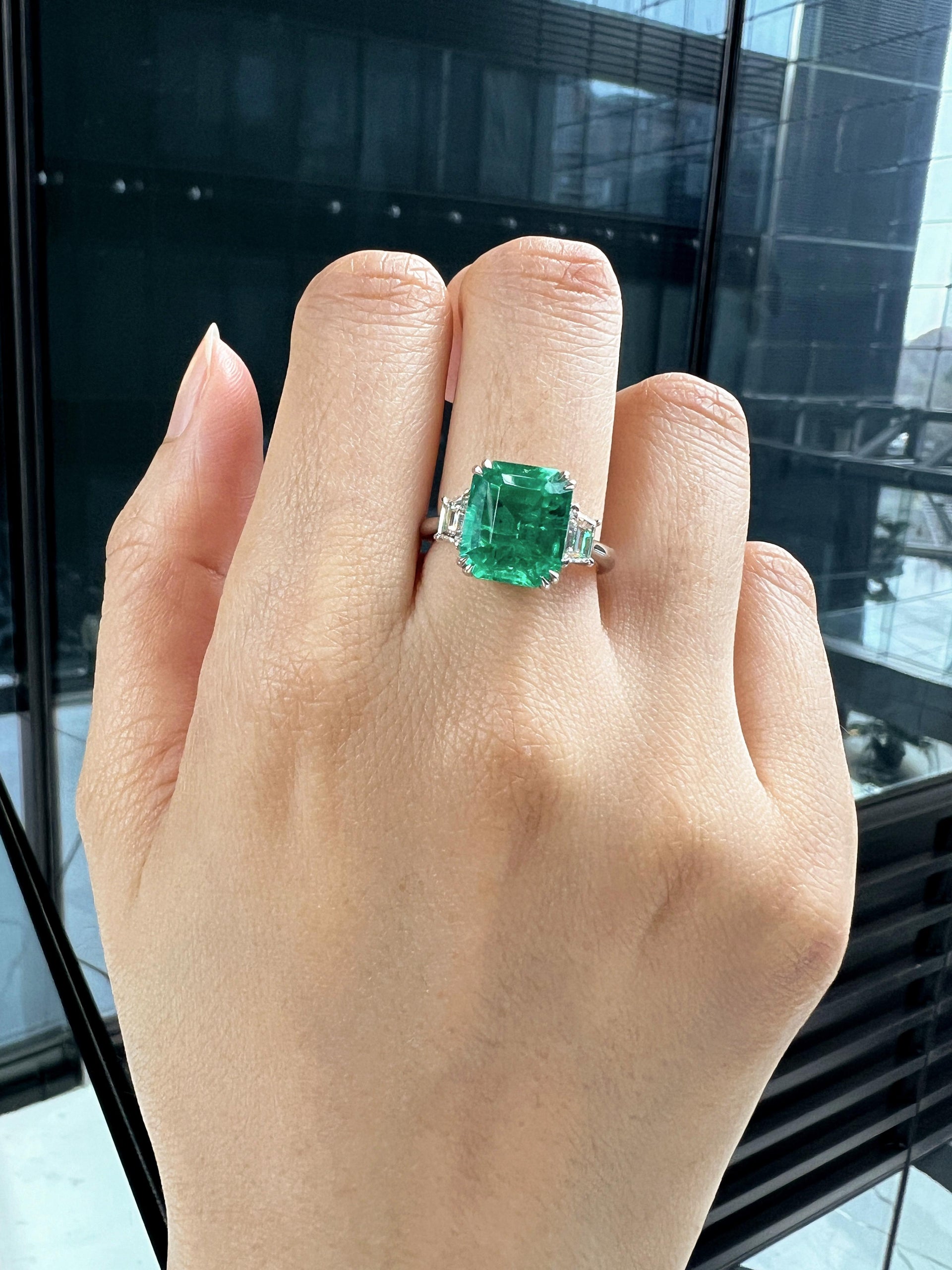 Lab-Created Emerald Diamond Platinum Modern Cocktail Ring