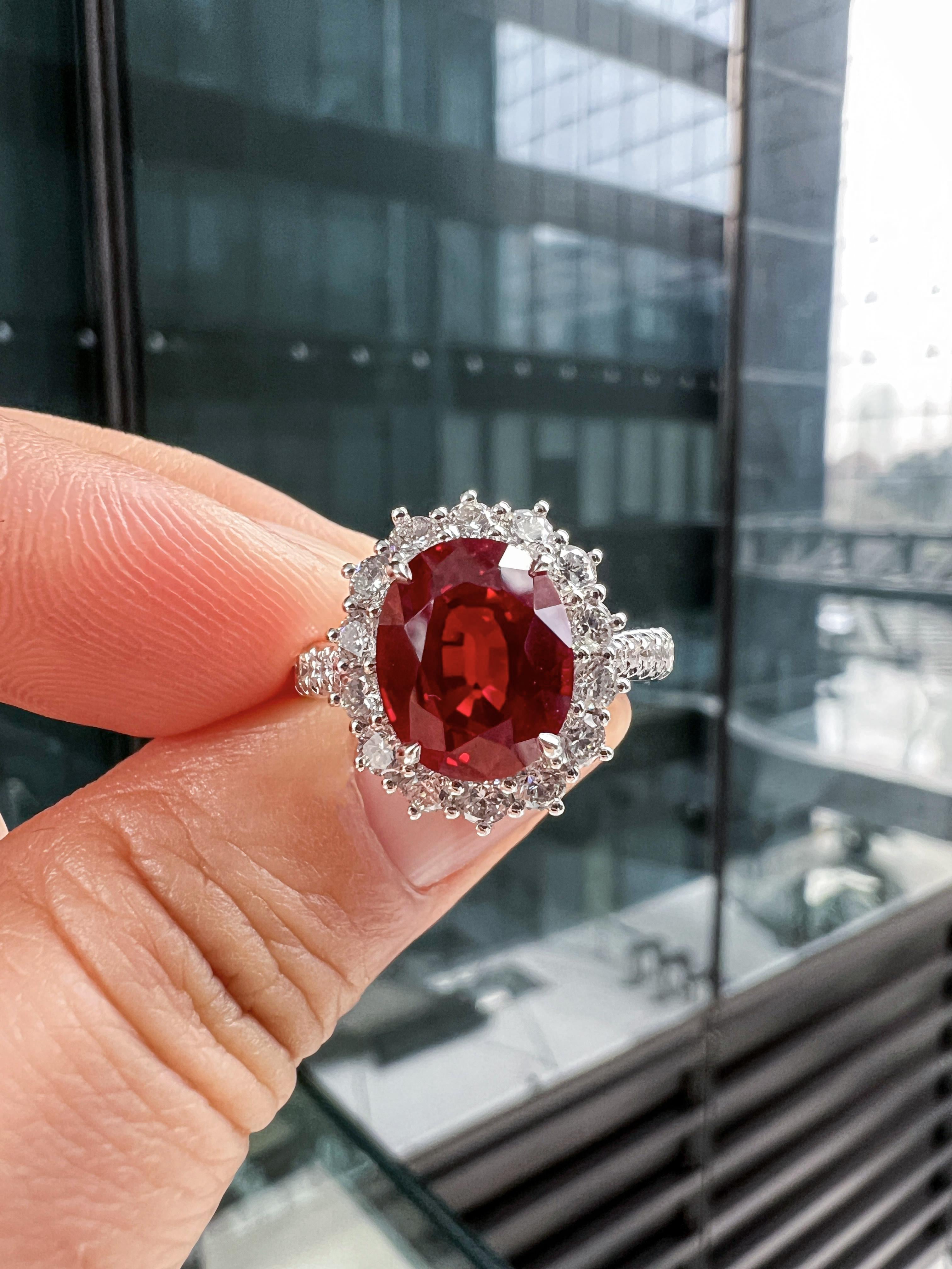 Lab-Created Oval Ruby Diamond Platinum Modern Cocktail Ring
