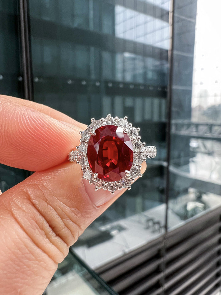 Lab-Created Oval Ruby Diamond Platinum Modern Cocktail Ring