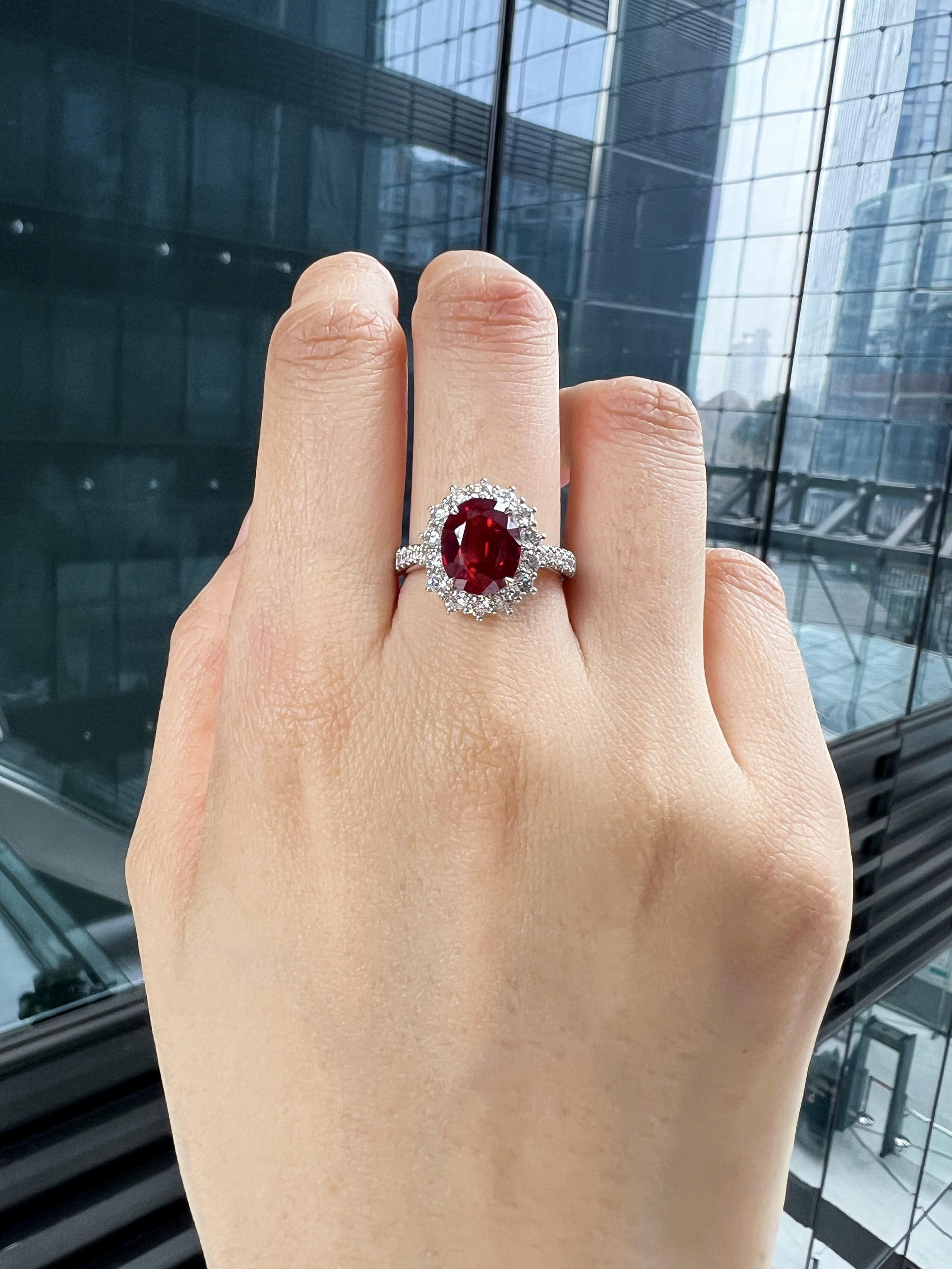 Lab-Created Oval Ruby Diamond Platinum Modern Cocktail Ring